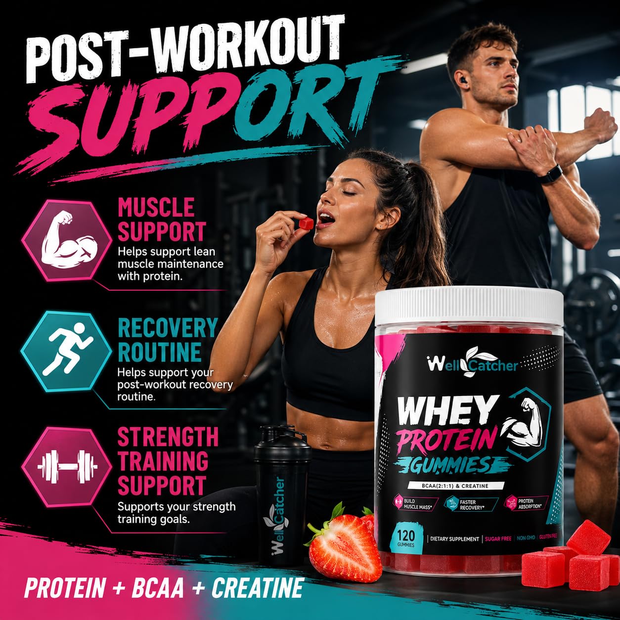 Wellcatcher Whey Protein Isolate Gummies with BCAA & Creatine, Sugar-Free Pectin Protein Gummies, Strawberry Flavor, 15 Gummies