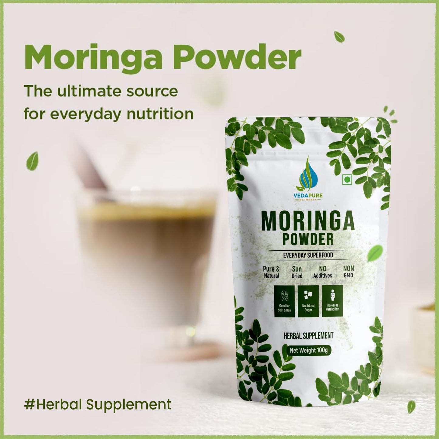 VEDAPURE Organic Moringa Oleifera Leaf Powder, 3.53 Ounce