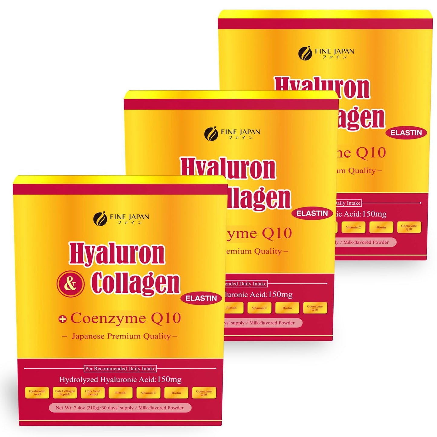FINE JAPAN Marine Collagen Powder with Hyaluronic Acid, CoQ10 & Elastin, 3-Pack