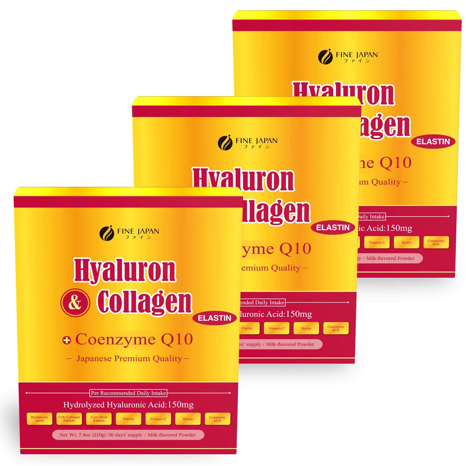 FINE JAPAN Marine Collagen Powder with Hyaluronic Acid, CoQ10 & Elastin, 3-Pack