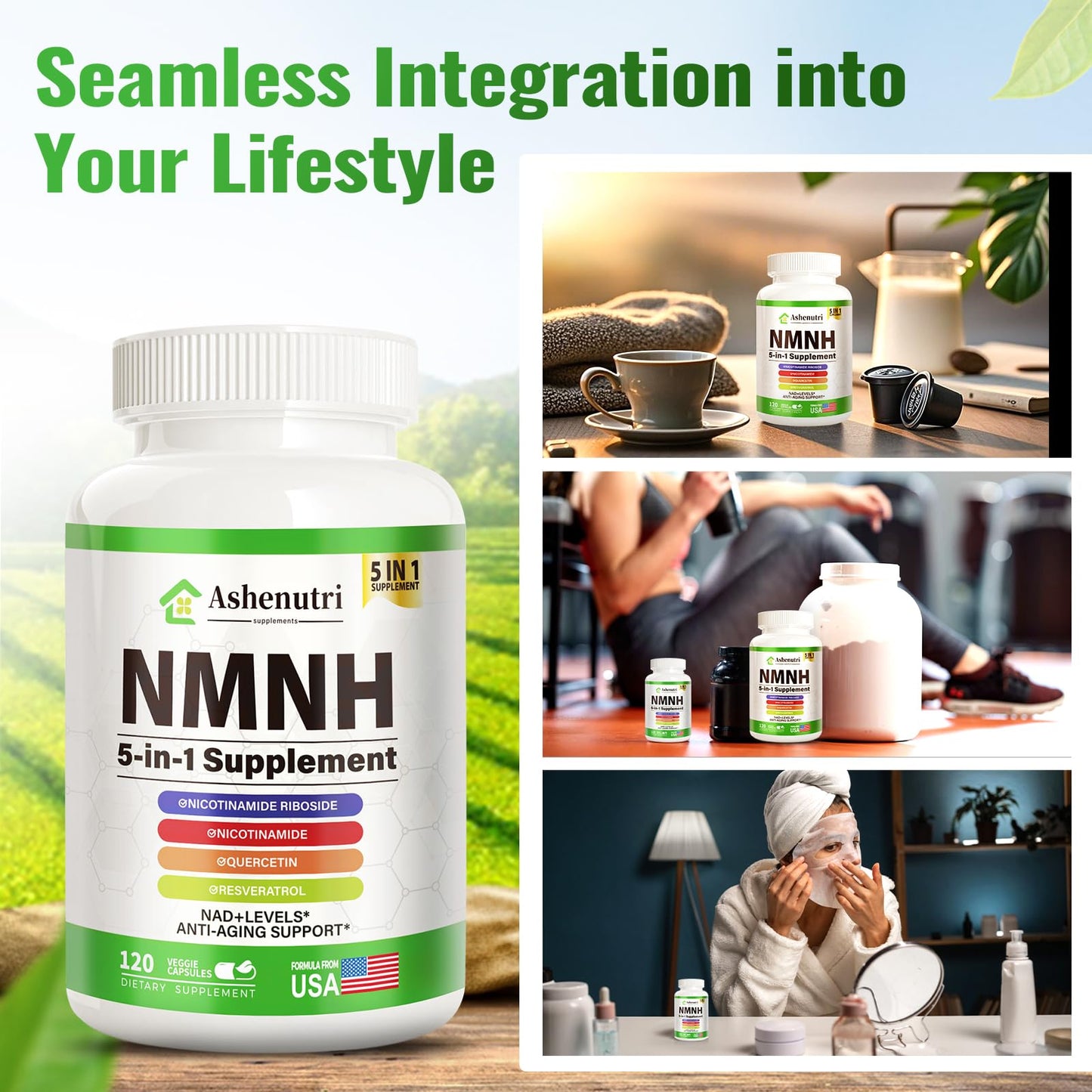 Ashenutri NMNH Supplement (Dihydronicotinamide Mononucleotide), NMN Alternative with Niacinamide (Vitamin B3), Quercetin, Trans-Resveratrol, NAD+ Support, Skin Cell Health, Aging & Energy 120 Capsules