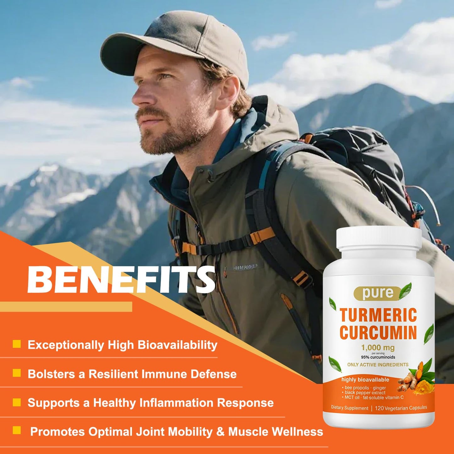 Tnaasmais Turmeric Curcumin Supplement 1000mg with Black Pepper Extract High Absorption 95% Curcuminoids Gluten Free Capsules 120 Capsules