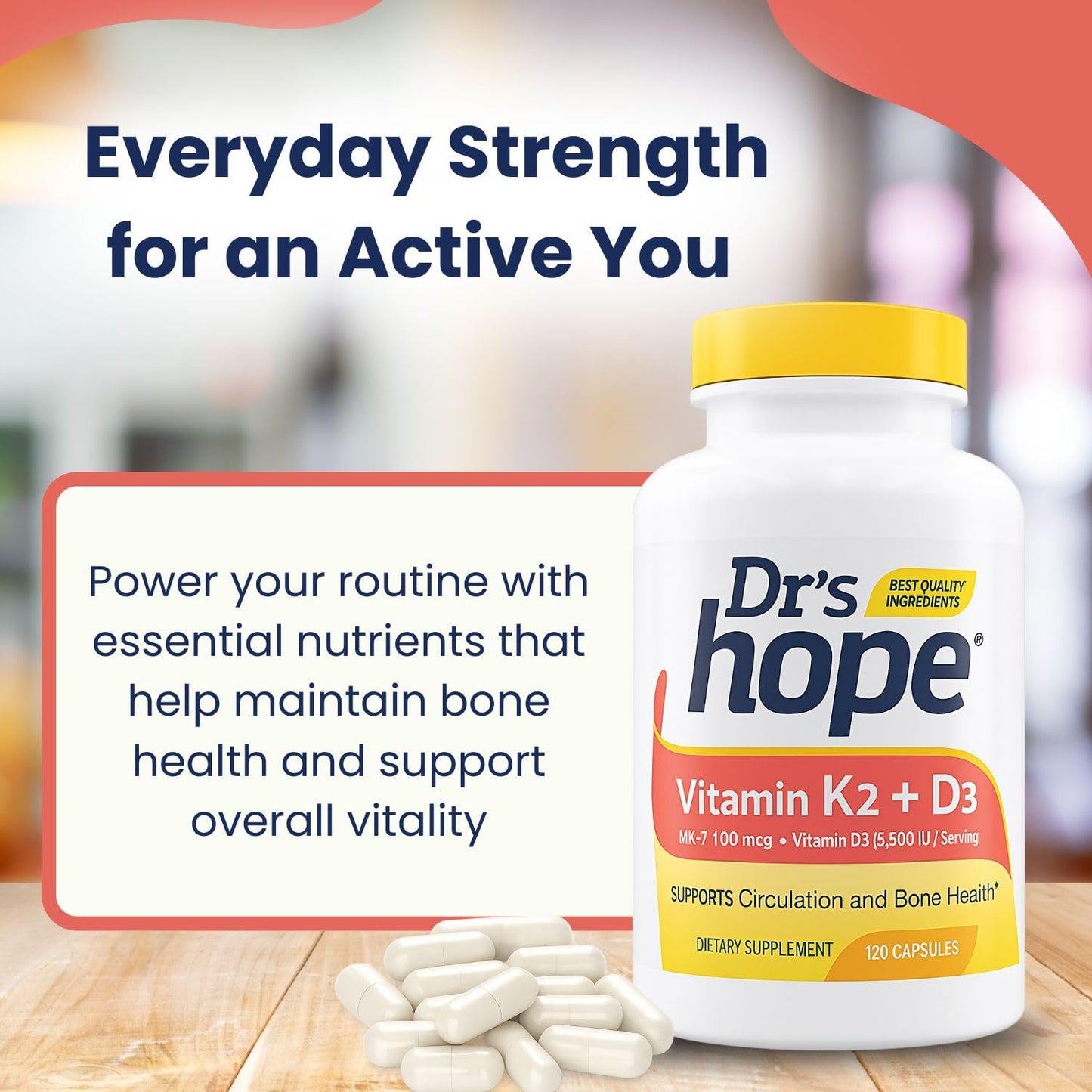 Dr’s Hope Vitamin K2 (MK-7) 100 mcg & Vitamin D3 125 mg (5000 IU) Supplement - Advanced Bone & Immune Support Formula - 120 Capsules