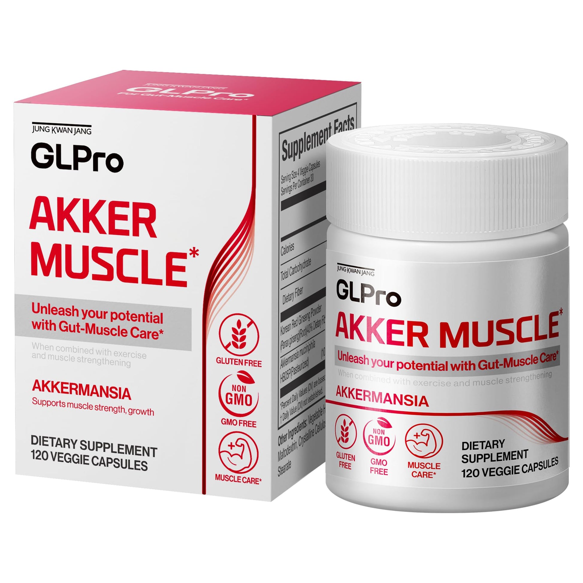 JUNG KWAN JANG GLPro-Akker Muscle Prebiotics with 10 Billion Cells Akkermansia & Korean Red Ginseng Powder for Gut-Muscle Strength & Microbiome Balance, 120 Capsules