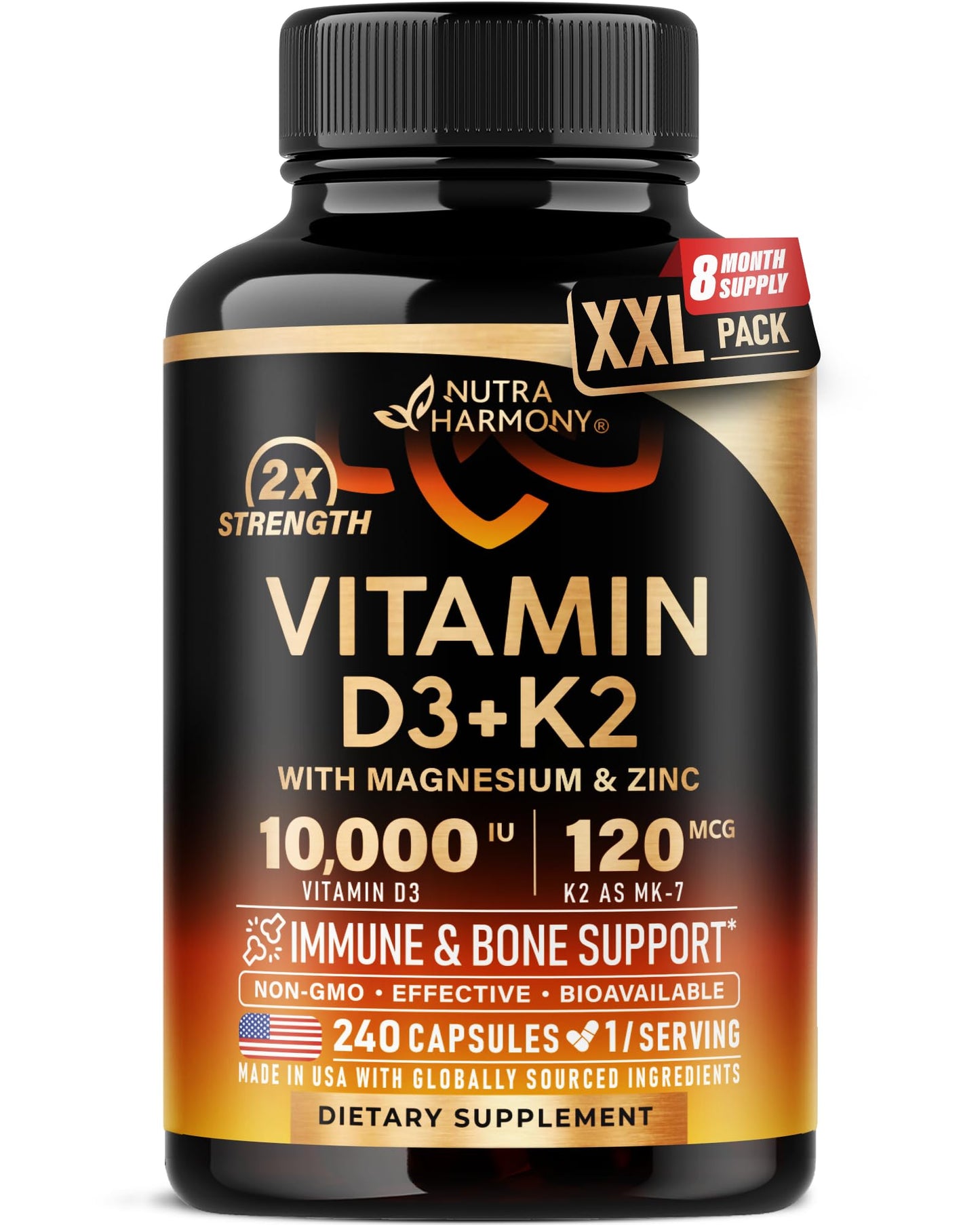 NUTRAHARMONY Vitamin D3 K2 10000 IU & MK-7 120 mcg 240 Capsules