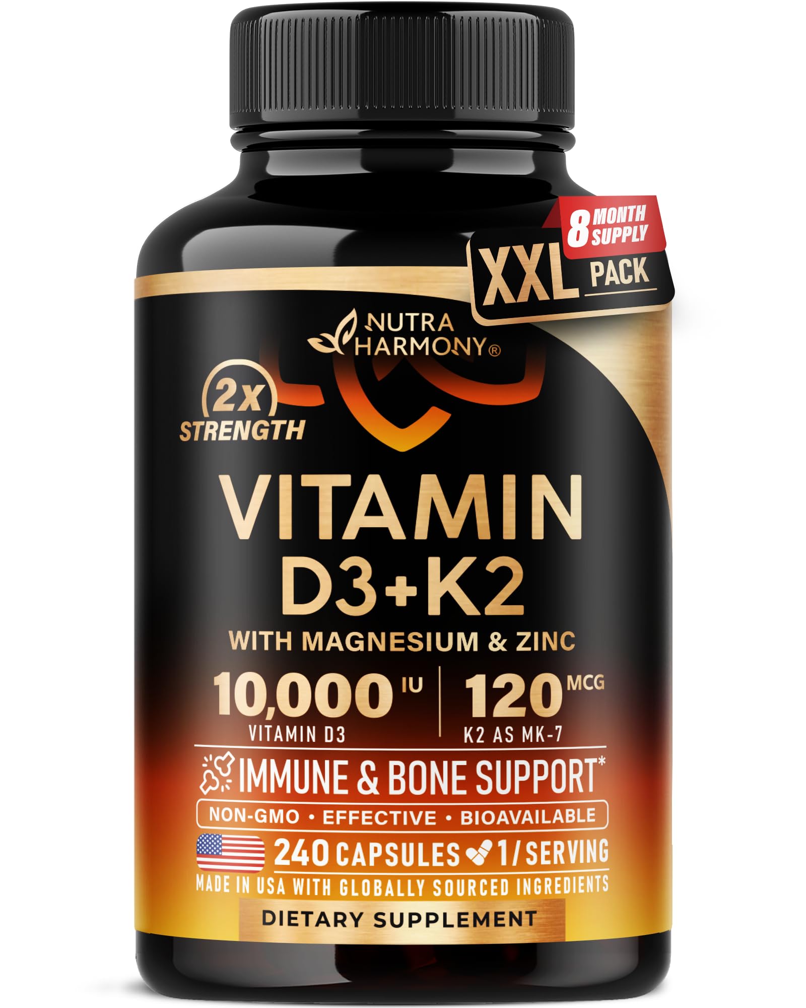 NUTRAHARMONY Vitamin D3 K2 10000 IU & MK-7 120 mcg 240 Capsules