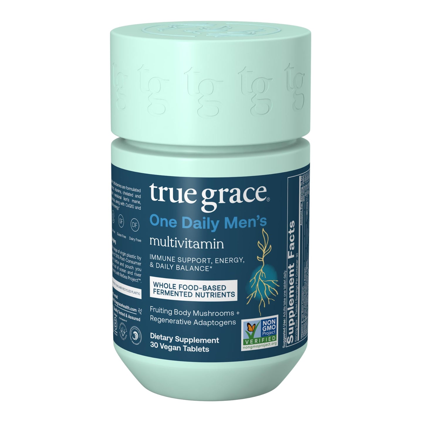 True Grace One Daily Men’s Multivitamin Tablet with Fermented Minerals, Organic Adaptogens & Mushrooms for Whole Body Balance, Immune, Endurance, Bone & Heart Support, Gluten Free, Non-GMO, 30 Tablets
