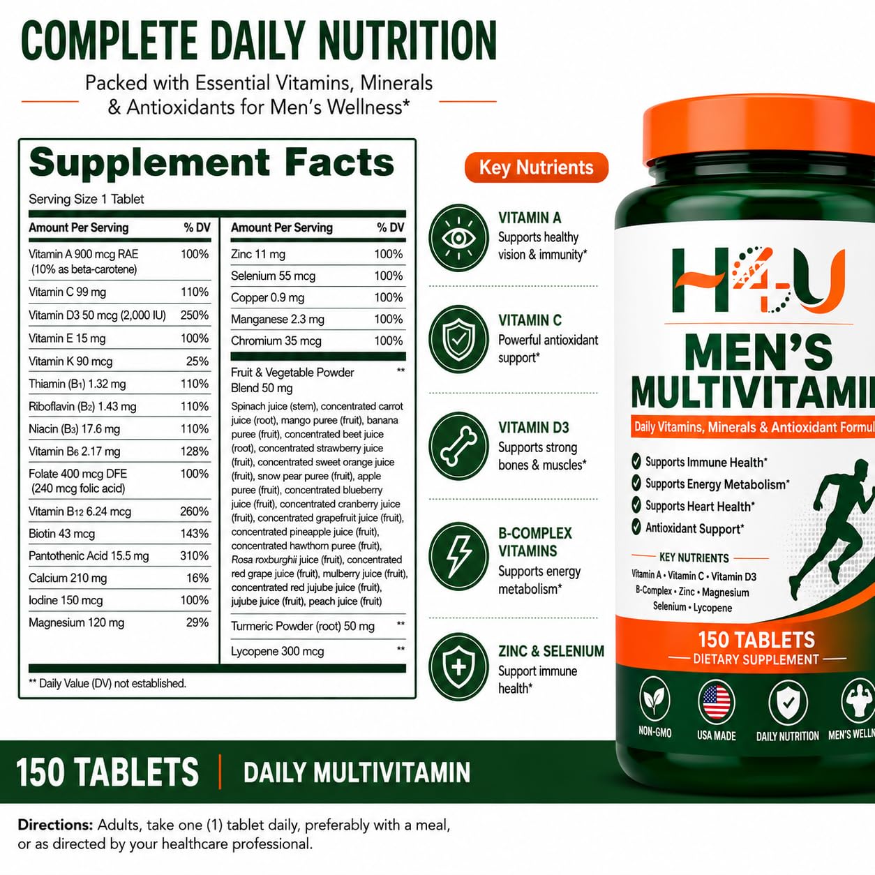 H4U Men's Multivitamin Tablets, 150 Count