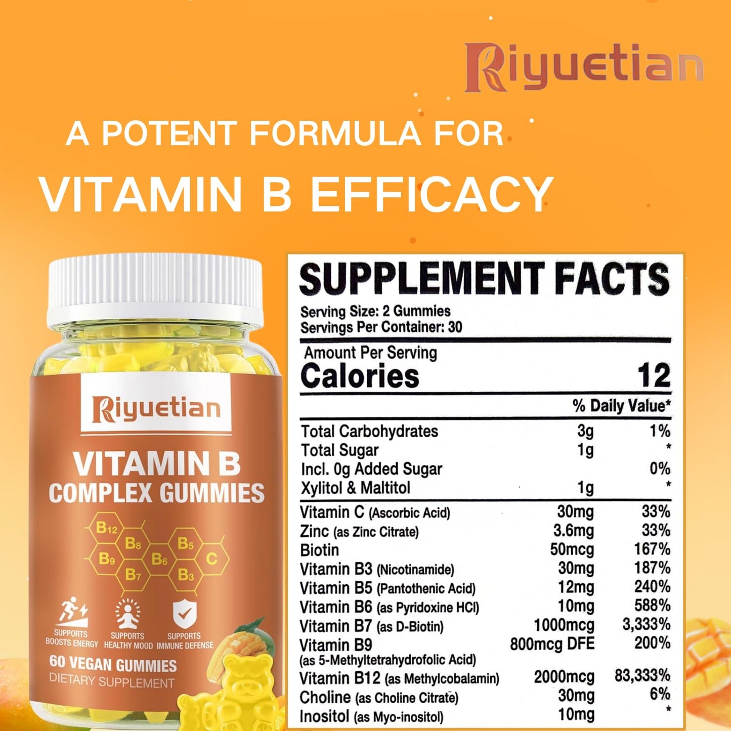 Riyuetian Vitamin B Complex Gummies with Biotin, Choline + Inositol, Vitamin C + Zinc – Supports Energy, Brain, Mood, Immune Health – Natural Mango Flavor – Vegan – 120 Gummies