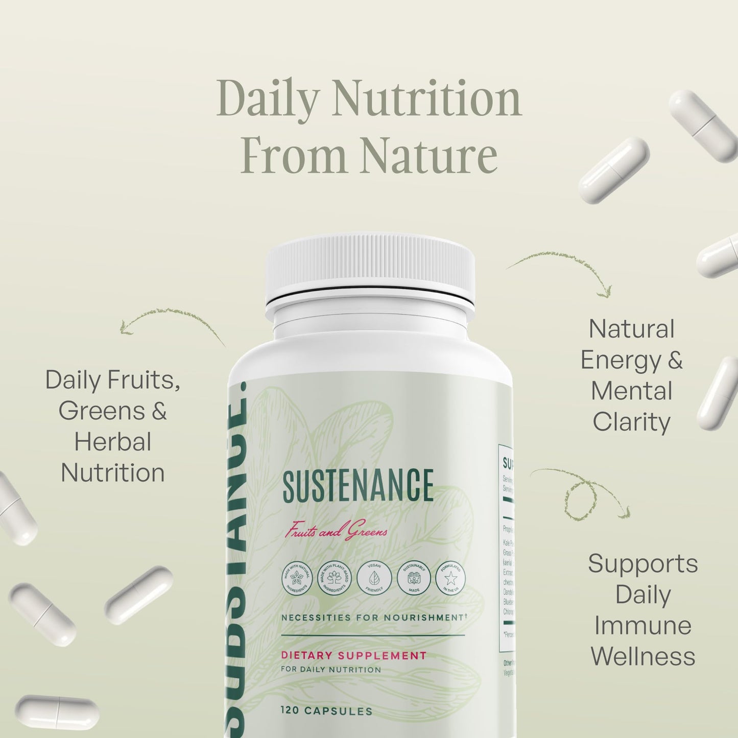 SUBSTANCE Nature's Sustenance Daily Greens, Daily Fruit and Veggies Supplement Capsule 120 Count