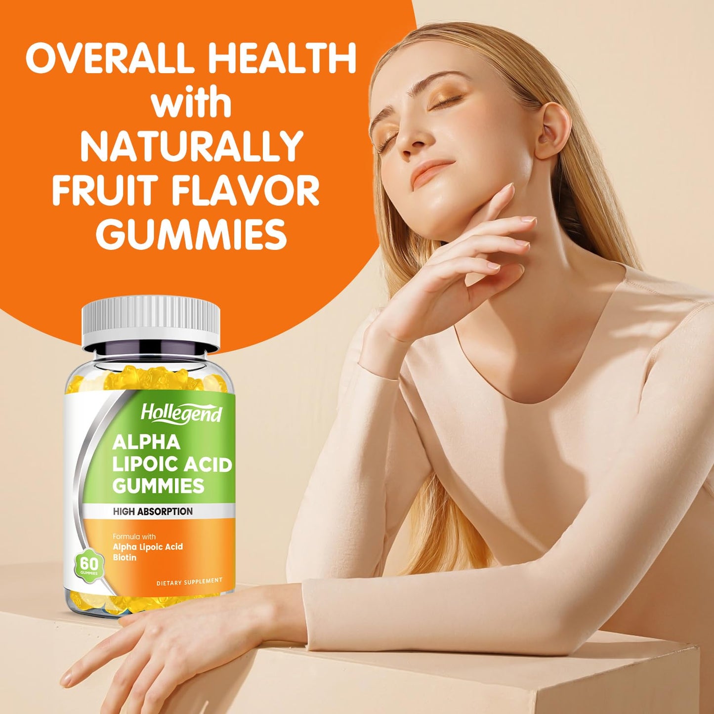 HOLLEGEND Alpha Lipoic Acid Gummies 1000mg with Biotin, Pineapple Flavor, Sugar Free, 120 Gummies