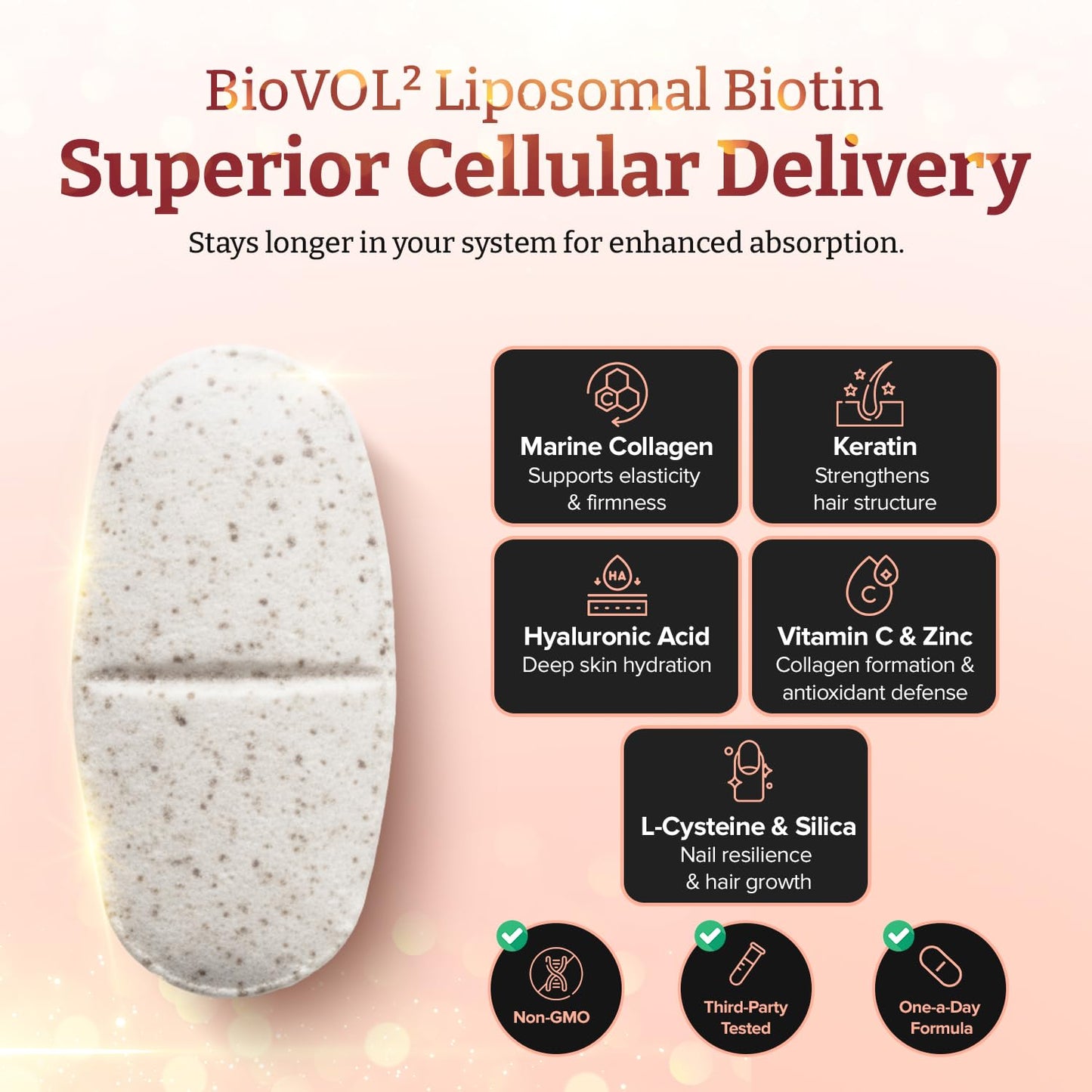 pureclinica Biotin 40,000mcg (400% Strength) BioVOL² Liposomal Biotin Complex Caplets, 180 Count
