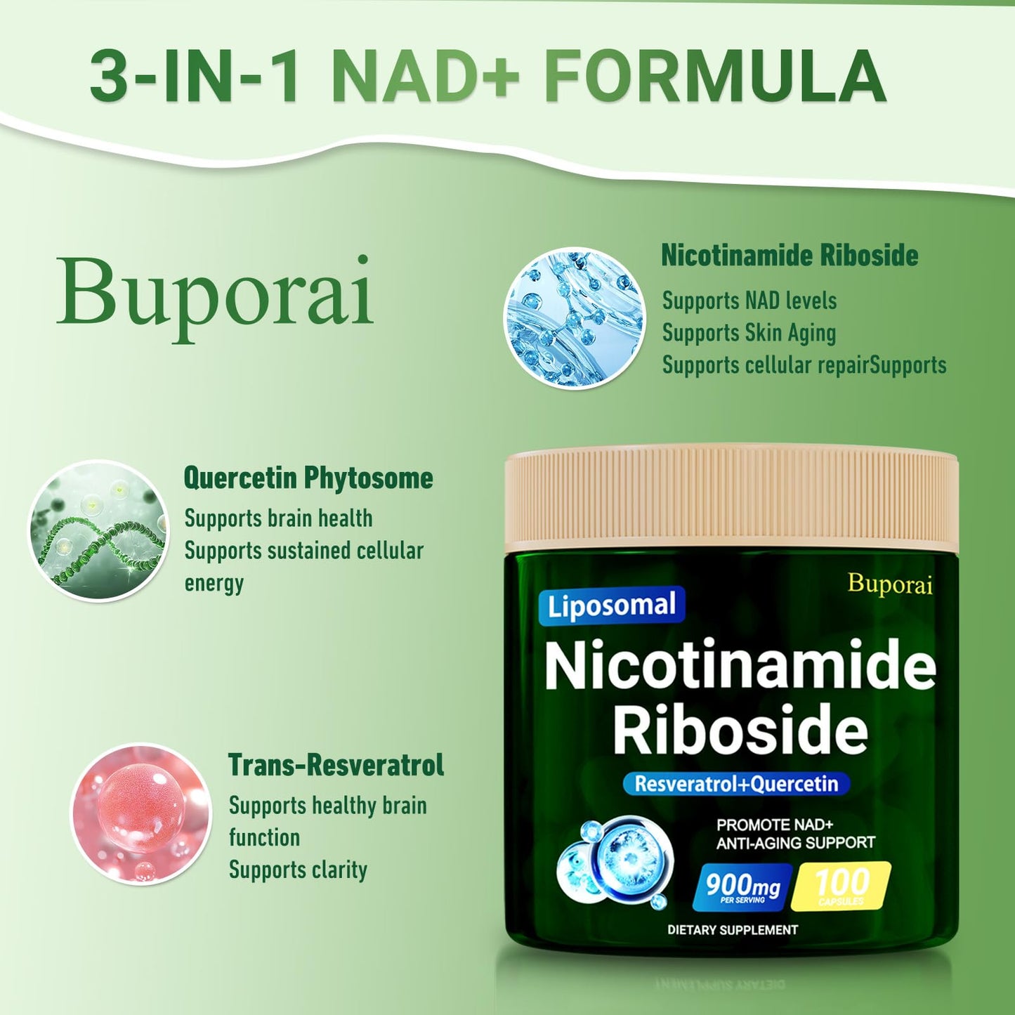Buporai NAD+ Supplement, Liposomal Nicotinamide Riboside 900mg with Resveratrol & Quercetin, NMN Alternative for Anti-Aging, 100 Capsules