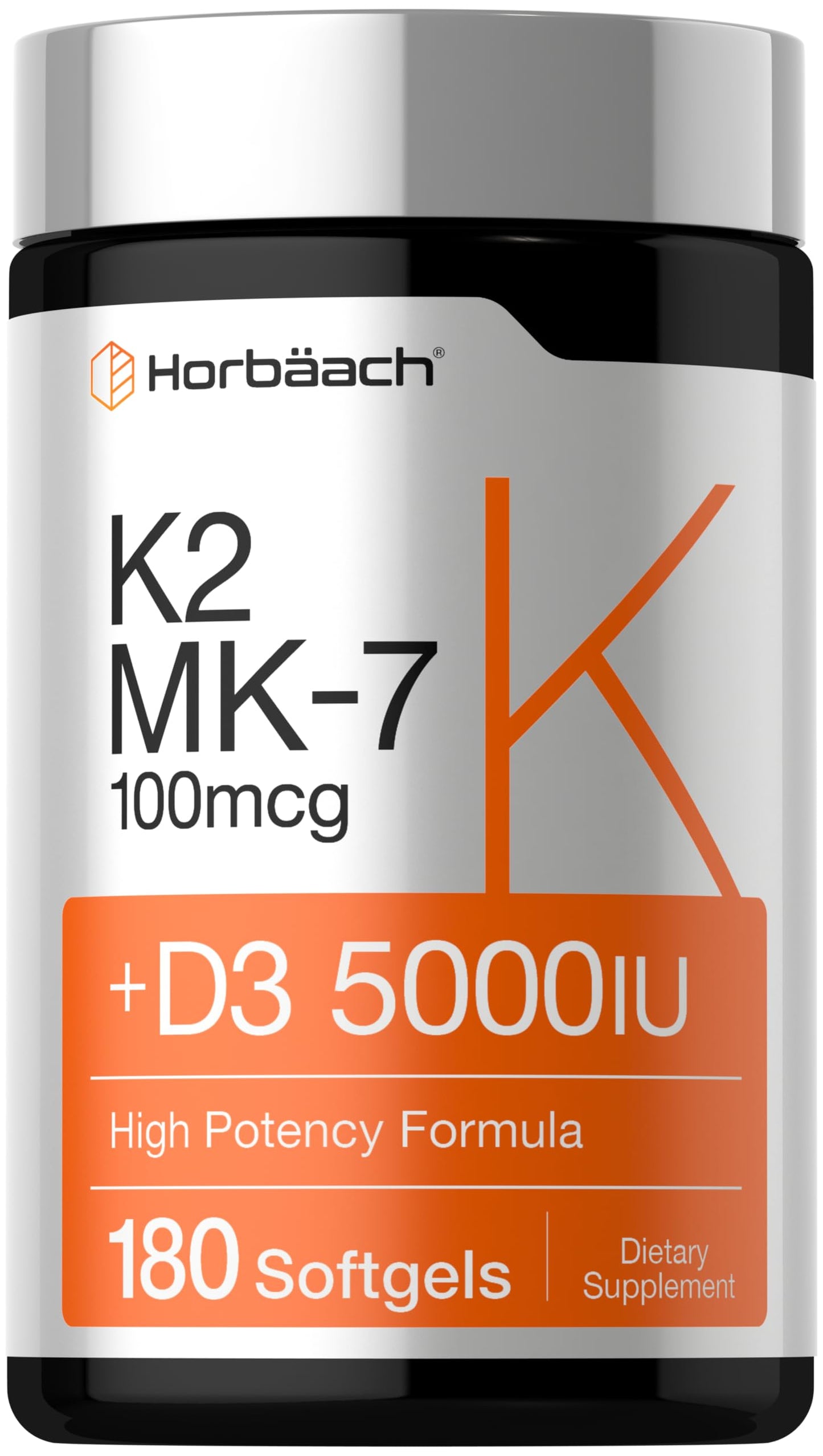 Horbäach Vitamin D3 K2 5000 iu 100mcg MK-7 Complex Softgel Capsules 180