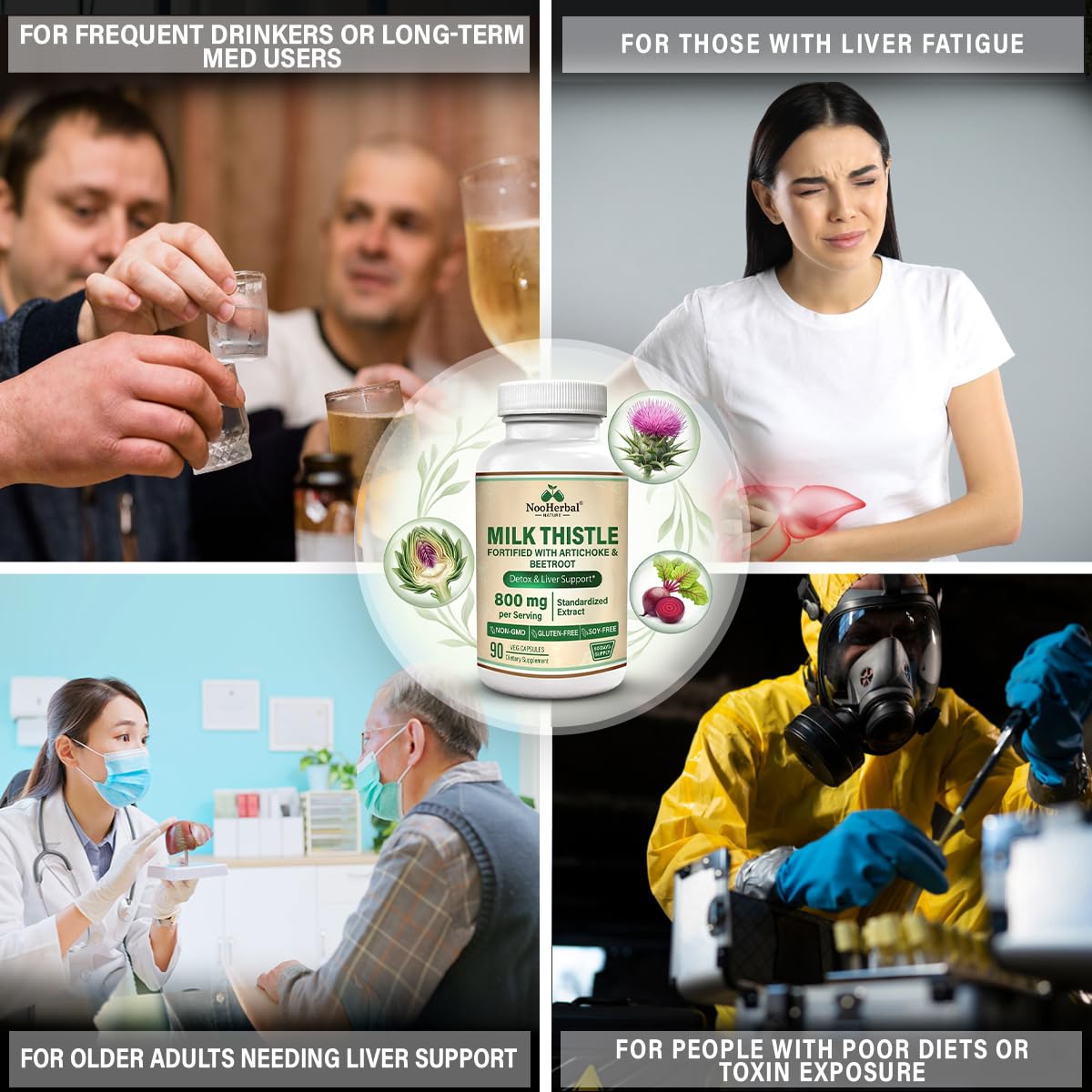 NooHerbal Nature Liver Cleanse Detox & Repair Milk Thistle Capsule - 80% Silymarin with Artichoke, Beetroot for Digestion, Immune Health & Liver Support, Non-GMO, 90 Capsules