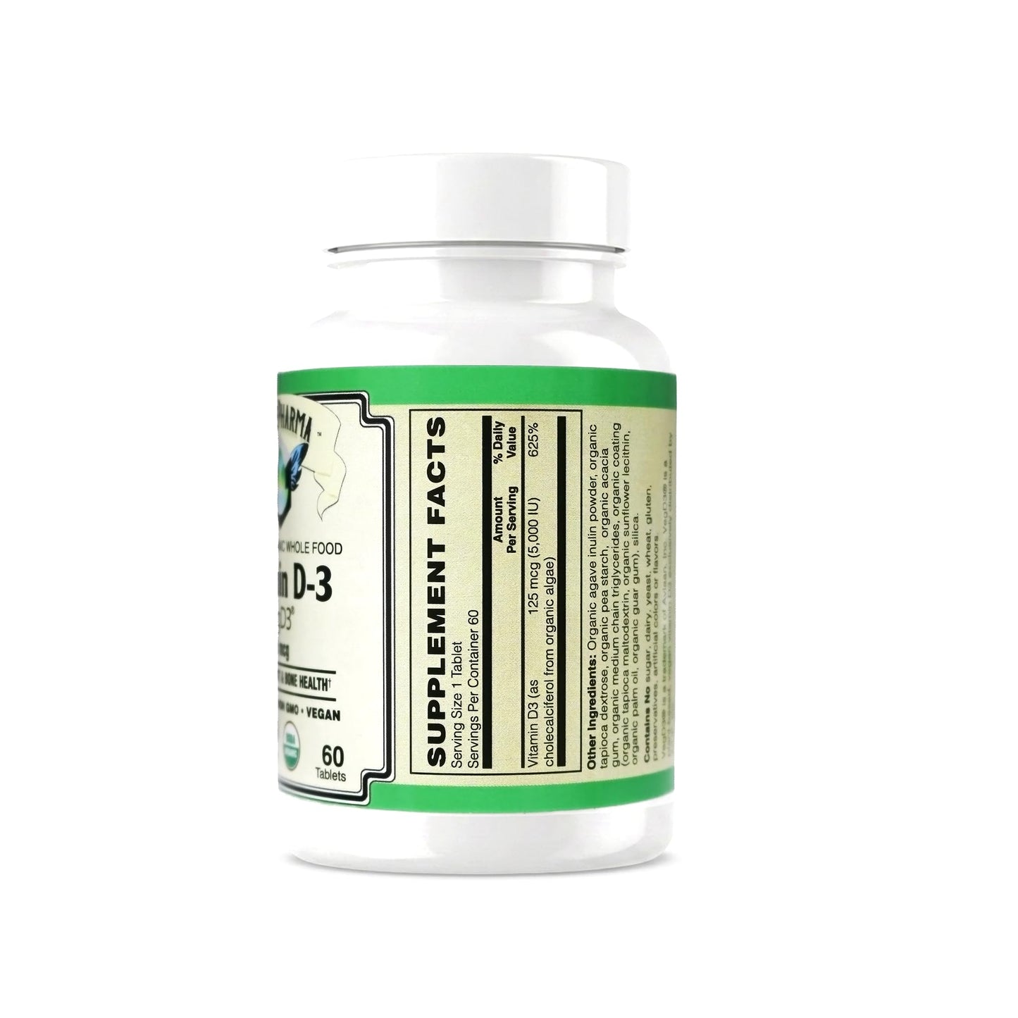 AlchePharma Vitamin D3 5,000 IU (125 mcg) Certified Organic Cholecalciferol from Algae, 60 Tablets