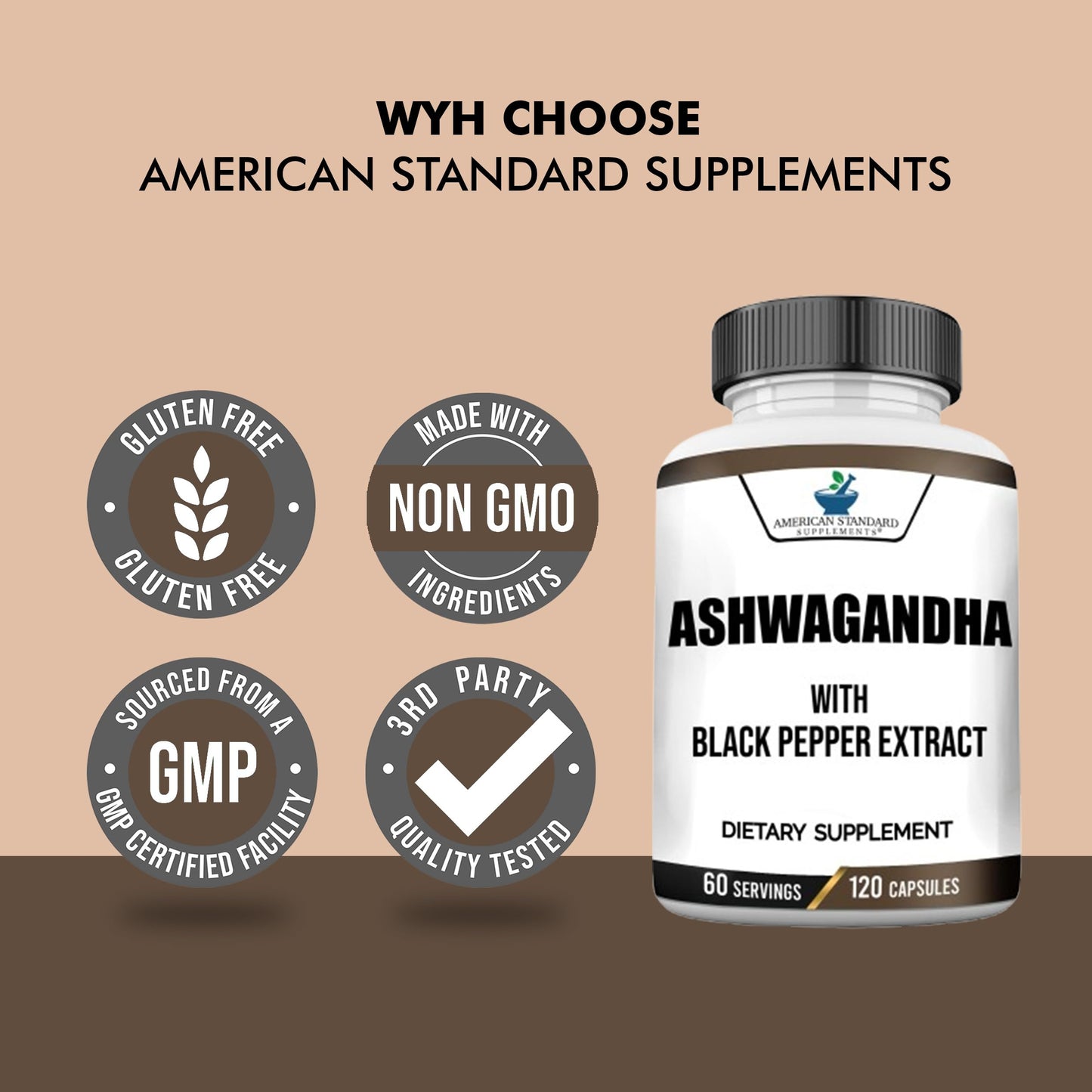 American Standard Supplements Ashwagandha 6000mg Capsules, 90 Count
