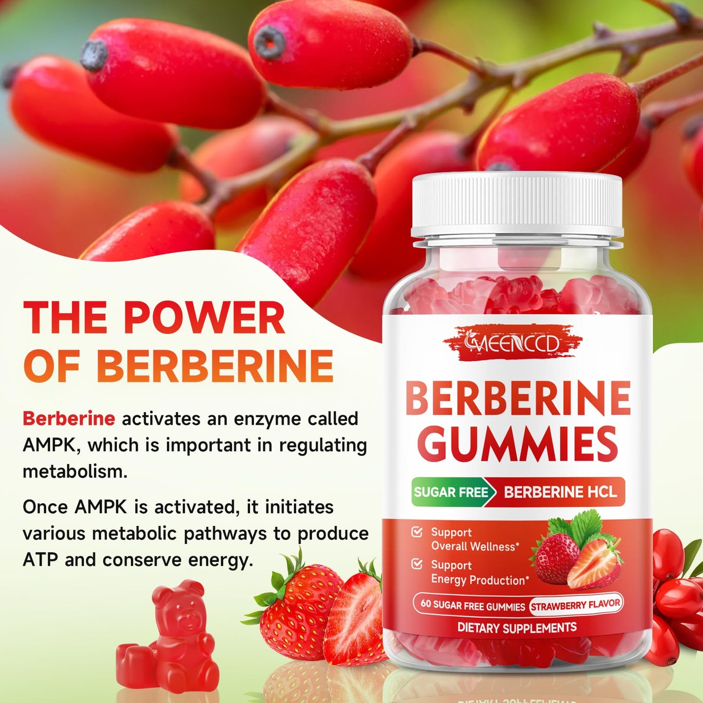 MEENCCD Berberine Gummies with Ceylon Cinnamon, Berberine HCL Immune Support, 120 Count