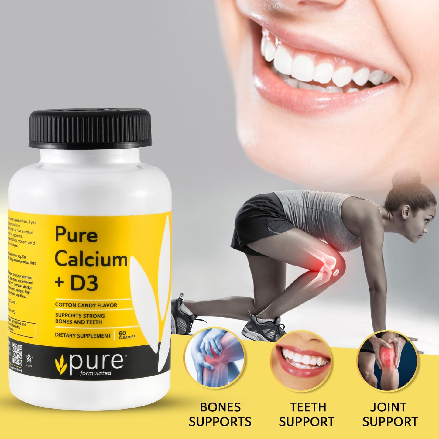 Pure Formulated Vegan Calcium with Vitamin D3 1000 IU, Strong Bones & Teeth Support, Gummy Chewable, 60 Gummies