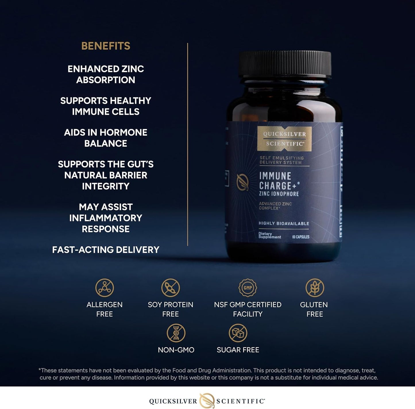 Quicksilver Scientific Immune Charge+ Zinc Ionophore - Zinc Supplement Complexed with Quercetin, Luteolin, Hesperetin Immune + GI Support, 60 Capsules