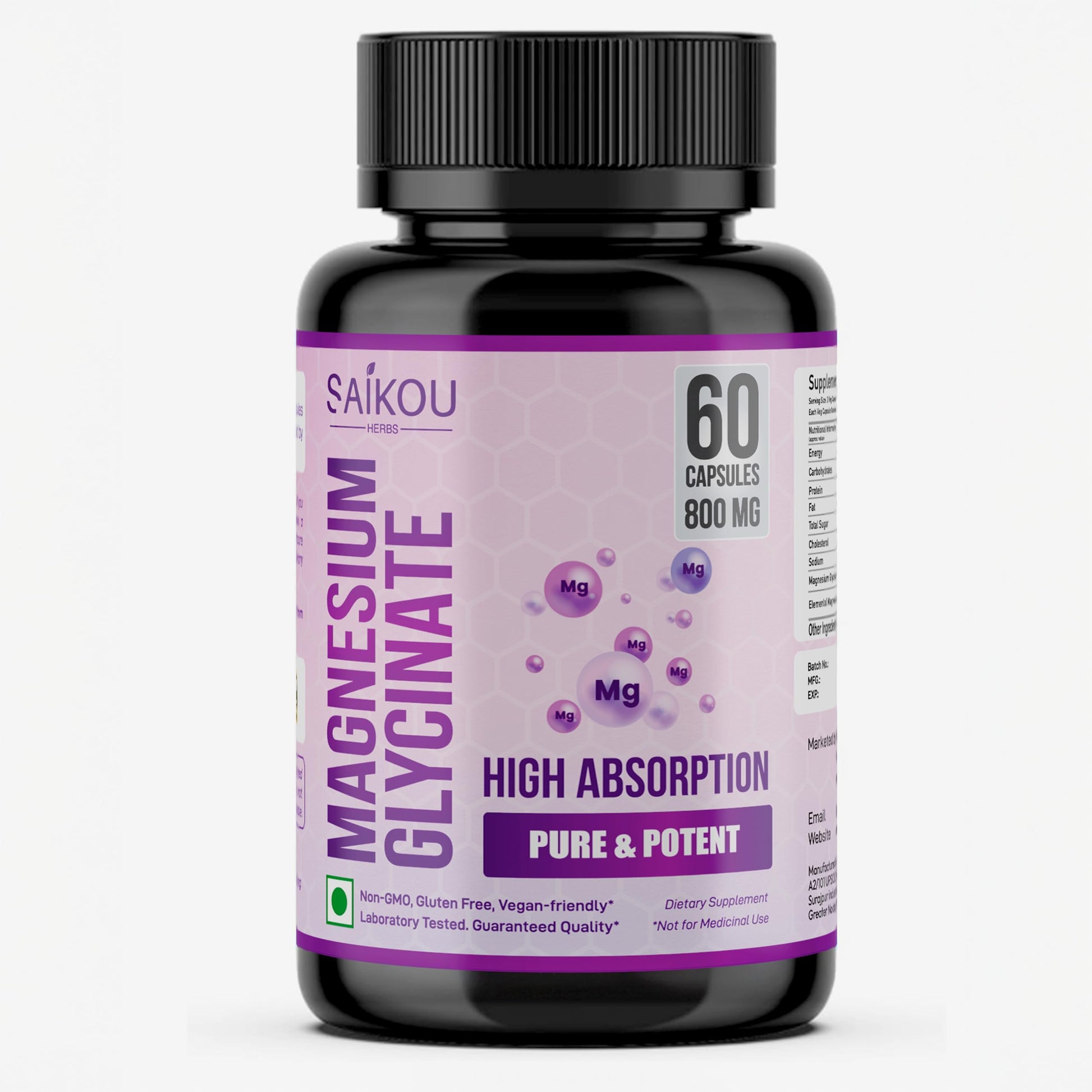 SAIKOU HERBS Chelated Magnesium Glycinate 800mg High Absorption, Pure and Potent, 60 Capsules