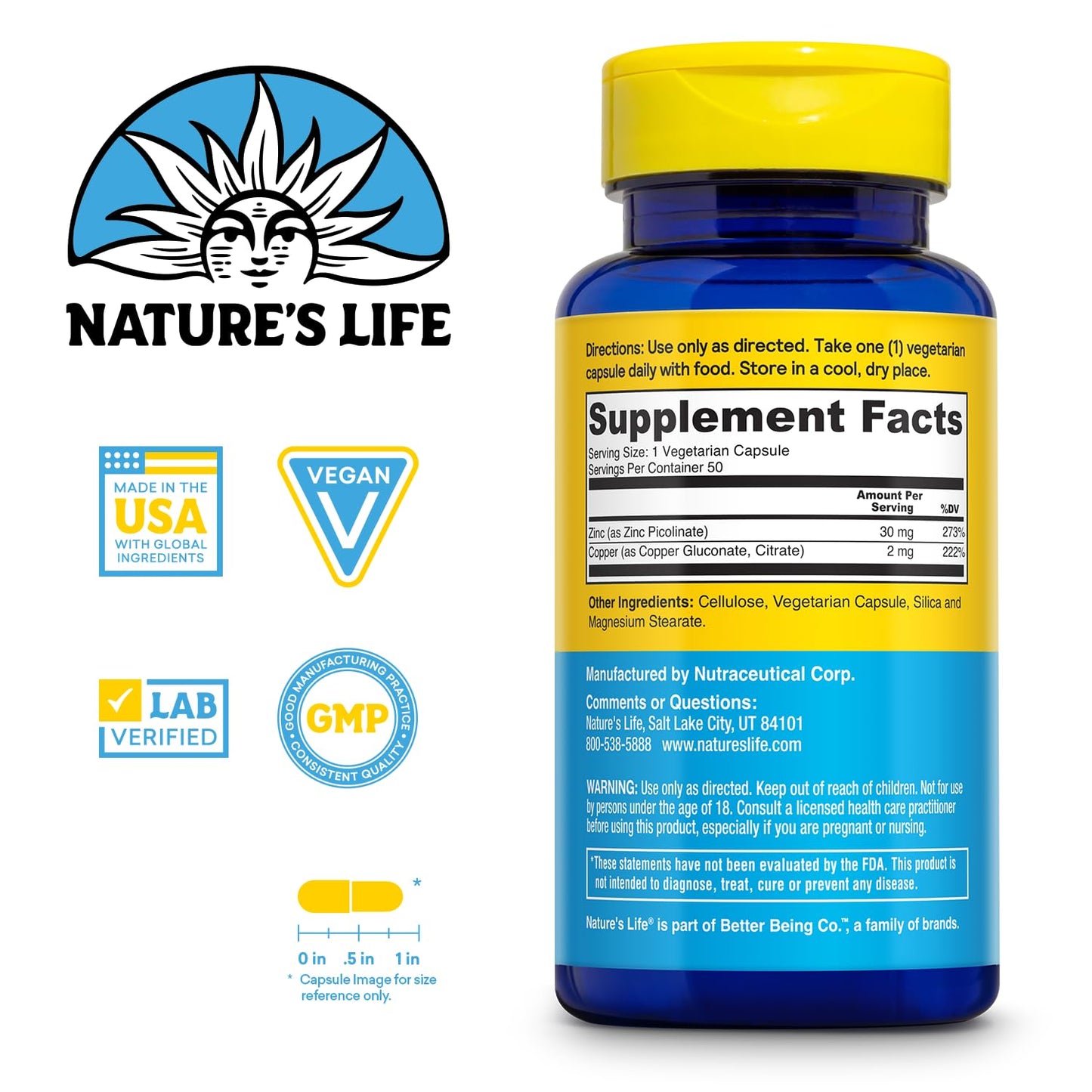Nature's Life Zinc Picolinate 30mg Plus 2mg Copper, Chelated Zinc Supplement, Capsules, 50 Count