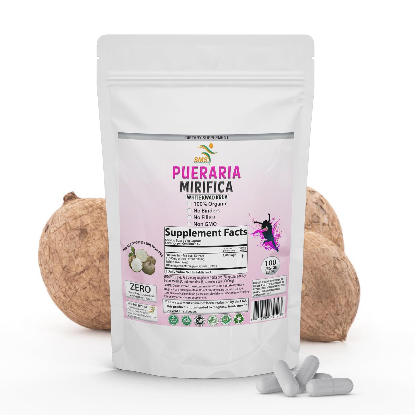 SMSHEALTHPRODUCTS.com Pueraria Mirifica White Extract Powder Capsule, 100 Count
