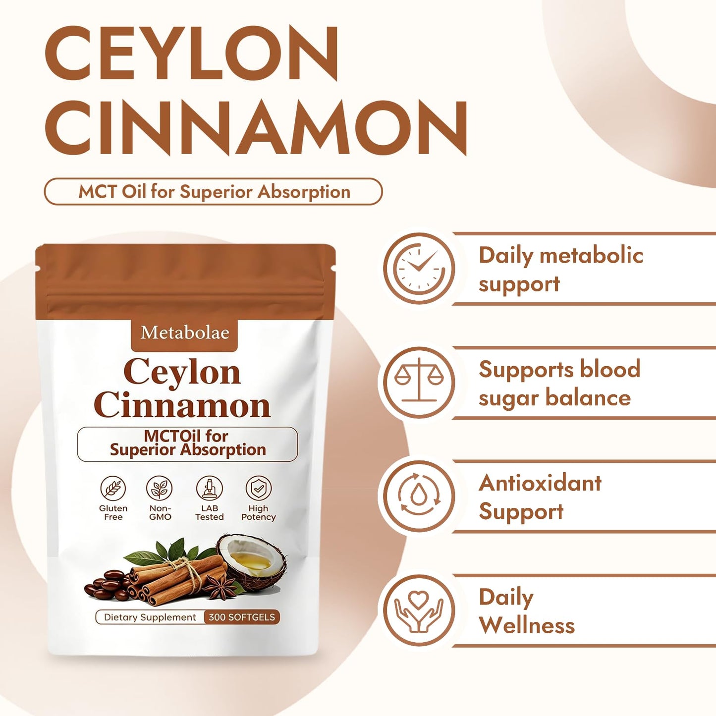 Metabolae Ceylon Cinnamon Softgels with MCT Oil, 1 Count, Non-GMO, Gluten Free