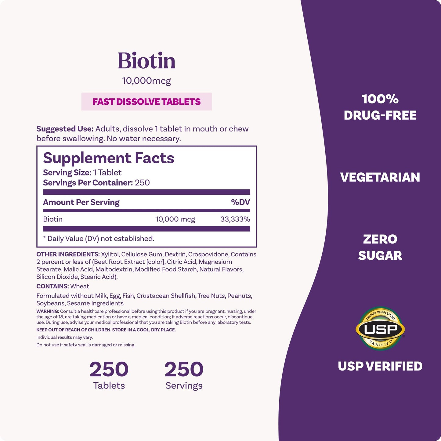 Generic Biotin 10,000 mcg Fast Dissolve Tablets, Supports Healthy Hair, Skin and Nails, 250 Tablets