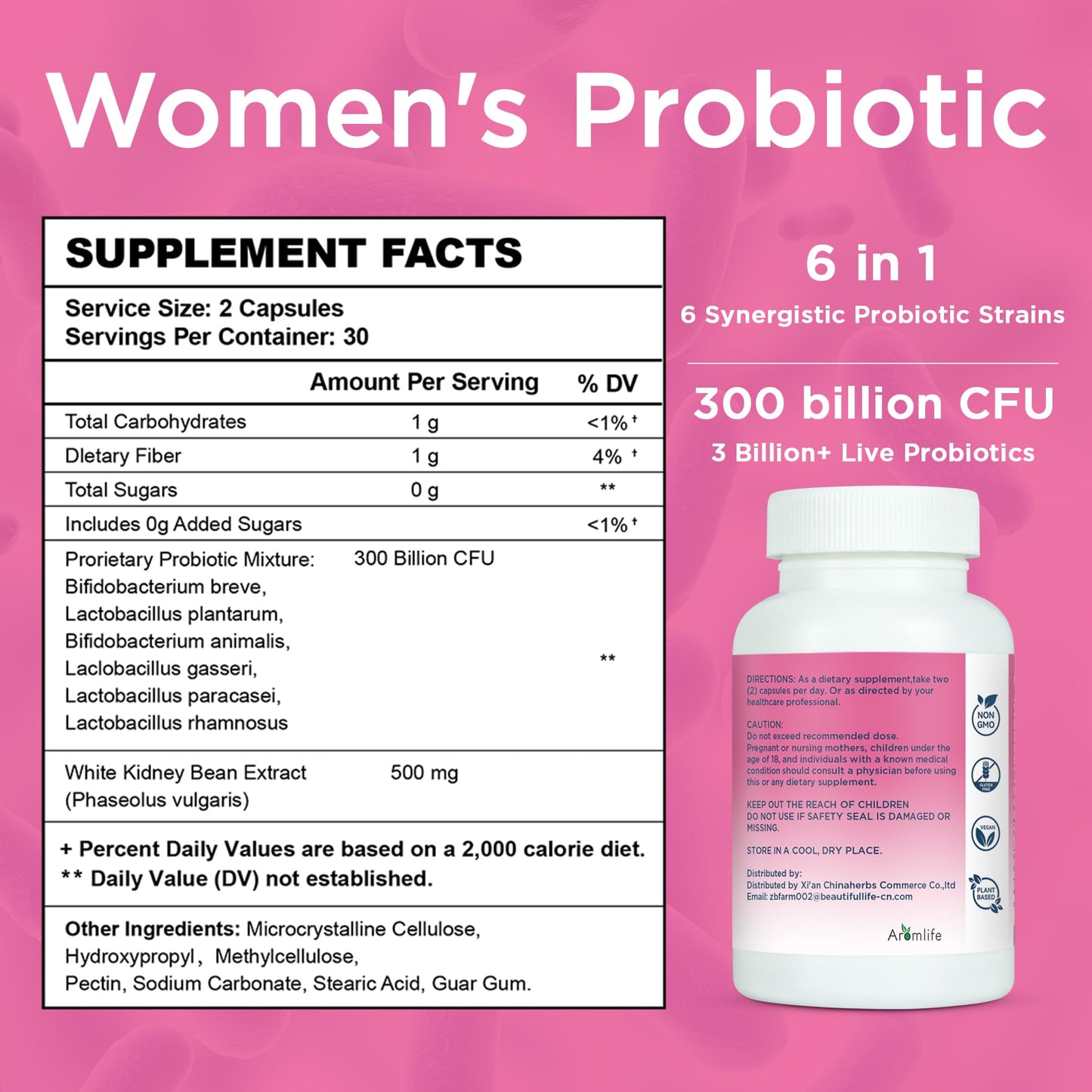 Aromlife Women's Probiotics 300 Billion CFUs Probiotic for Daily Digestive & Balance with 6 Strains Plant-Based with White Kidney Bean Extract Capsule 60 Count