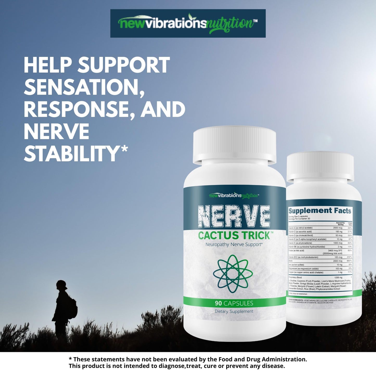 New Vibrations Nutrition Nerve Cactus Trick B12 Nerve Repair Neuropathy Support Capsule, 90 Count