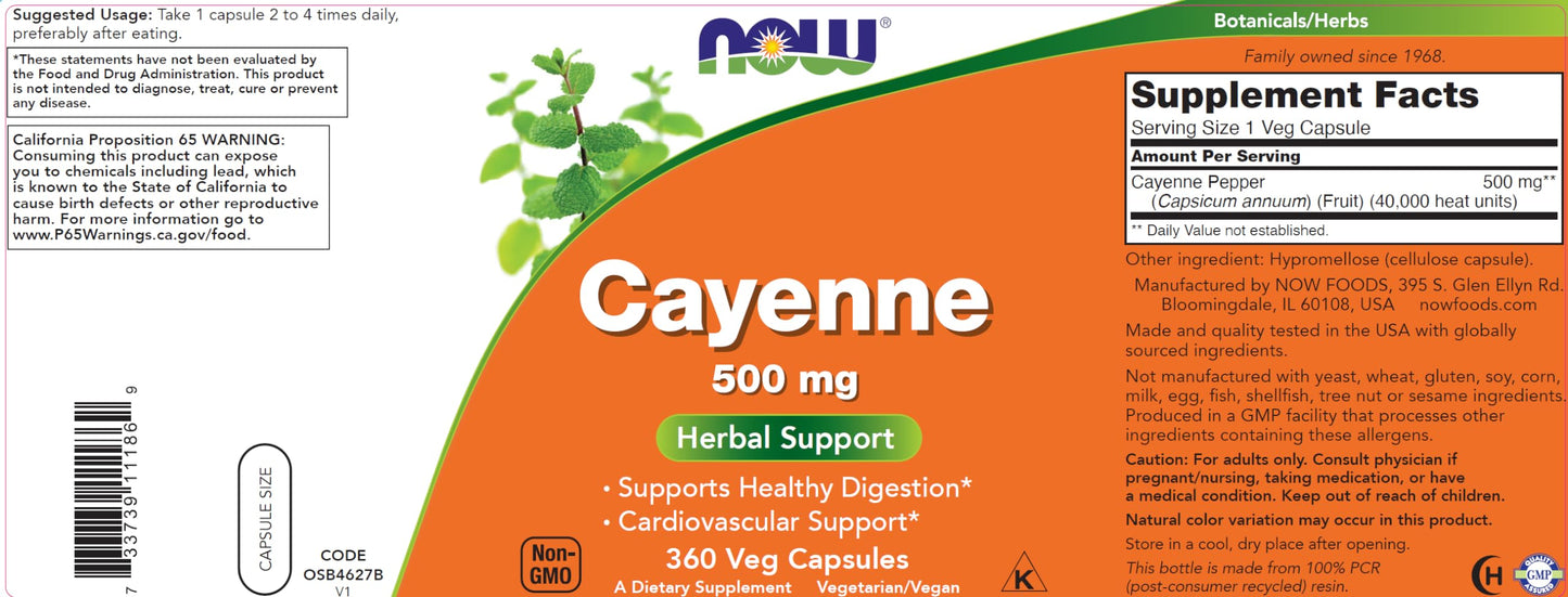 NOW Foods Cayenne 500 mg Capsules, 360 Veg Capsules
