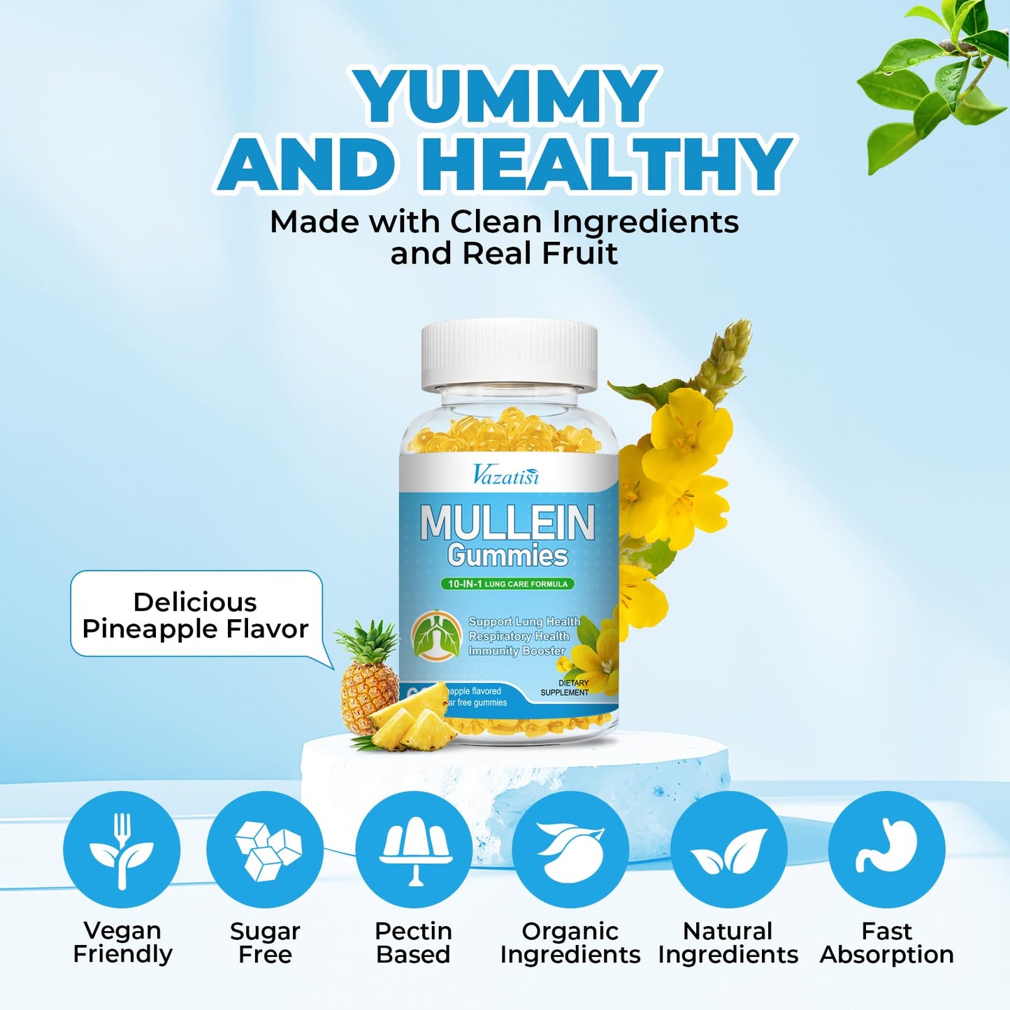 Vazatisi Mullein Gummies for Lungs with Mullein Leaf Extract, Bromelain, Quercetin, Magnesium, Pineapple Flavor, 120 Gummies