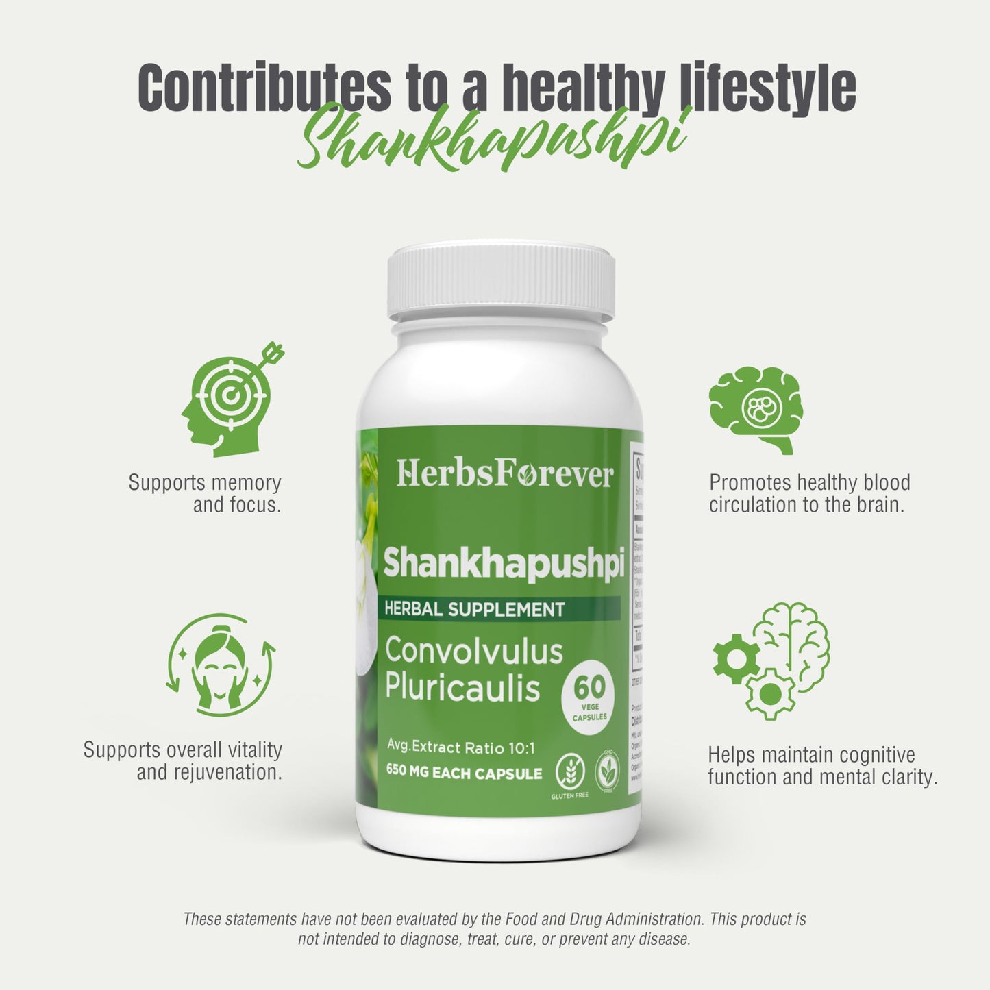 Herbsforever Shankhpushpi (Convolvulus pluricaulis) Extra Strength (20:1) Extract, Equiv. to 4580mg Plant Powder per Serving, Brain Tonic & Cognitive Focus, 60 Veg Capsules