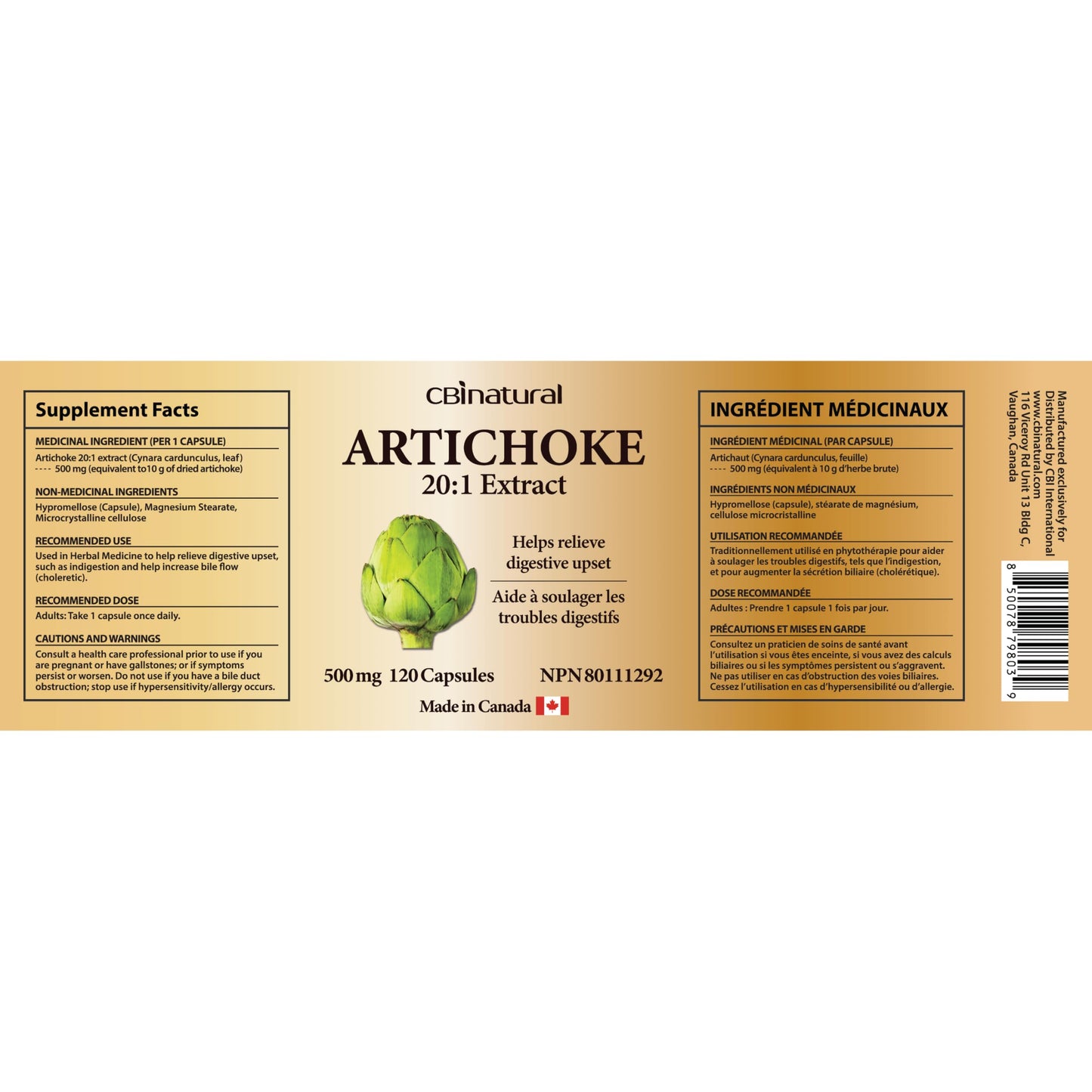 CBI Natural Artichoke 20:1 Extract 500mg Capsules, 120 Count