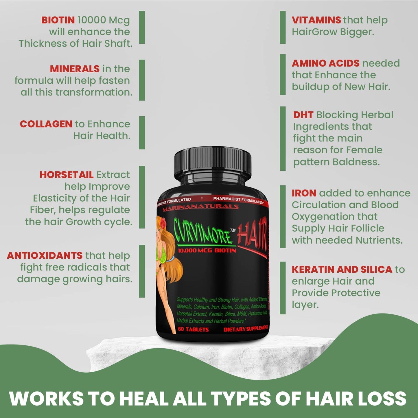 MARINANATURALS CURVIMORE Hair Growth, Hair Loss Mixture, 60 Tablets
