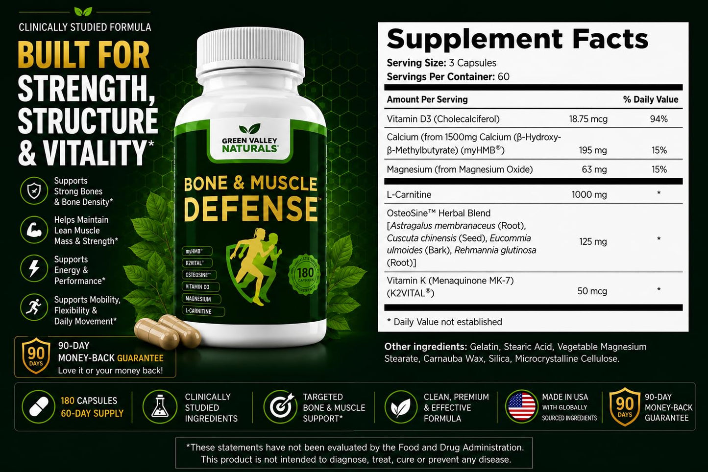 Green Valley Naturals Bone & Muscle Defense Supplement with 1,500 mg myHMB® (HMB) Calcium Blend, K2VITAL® Delta & OsteoSine™ | Bone Density, Muscle Strength & Mobility | Men & Women 50+ | 180 Capsules