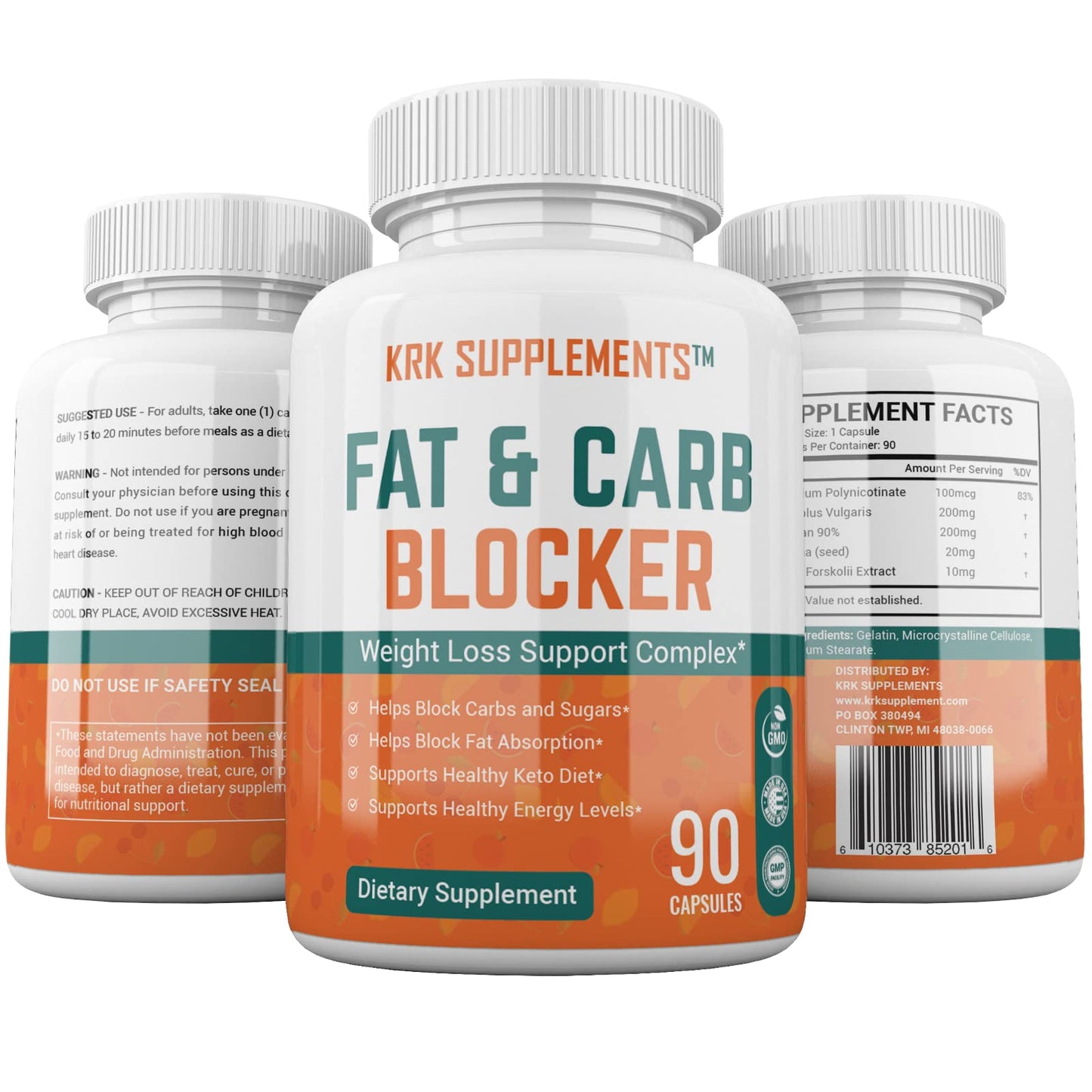 KRK SUPPLEMENTS Fat and Carb Blocker with Phaseolus Vulgaris (White Kidney Bean Extract) Chitosan Capsules 270 Total Capsules