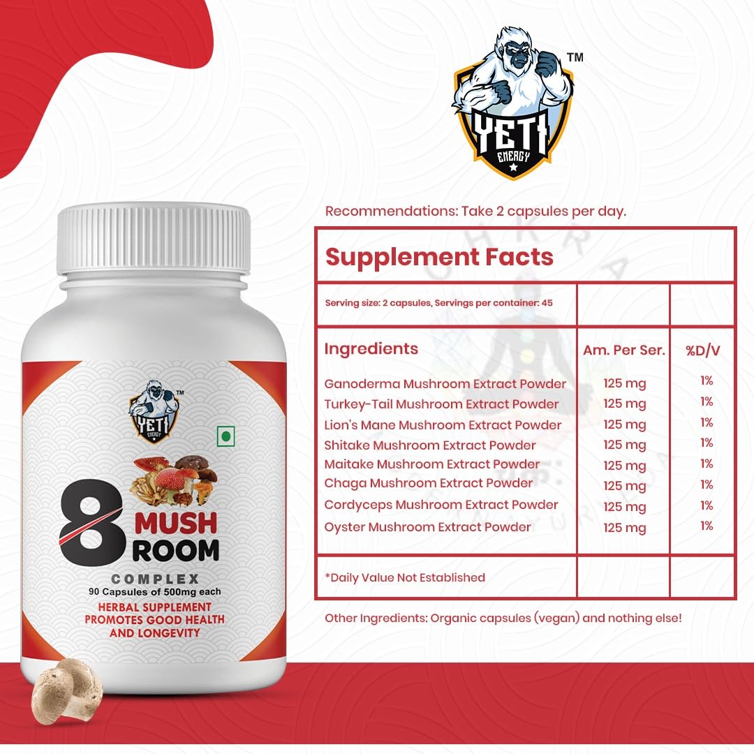 YetiEnergy 8-Mushroom Complex, 90 Capsules