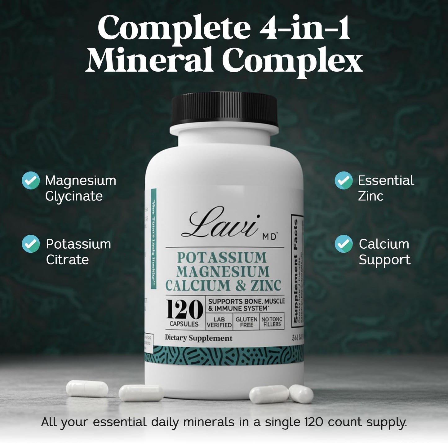 LaviMD Potassium Magnesium Zinc Calcium Supplement for Bone Health, Muscle & Immune System Support Capsules 120