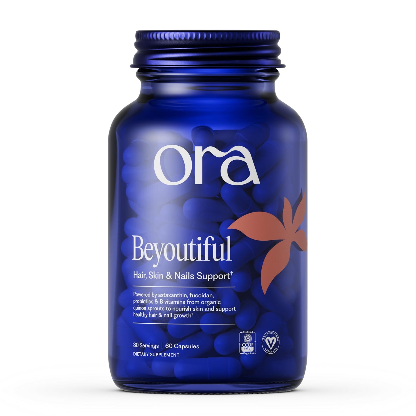 Ora Organic Hair, Skin, and Nails Support Beyoutiful Beauty Supplement with Biotin and Niacin, 60 Vegan Capsules