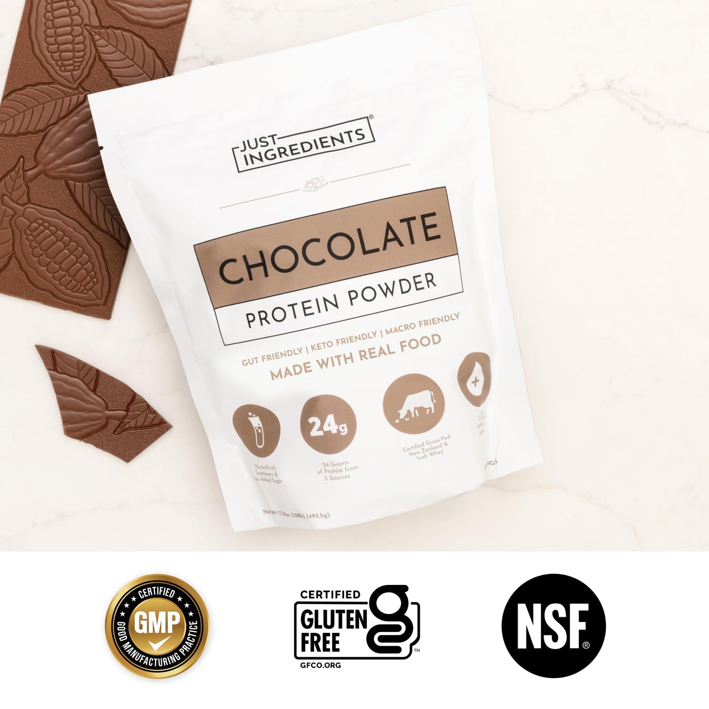 JUST INGREDIENTS Protein Powder Chocolate, Grass-Fed Whey, Organic Whole Food Blend, Gluten-Free, Keto-Friendly, 15 Servings