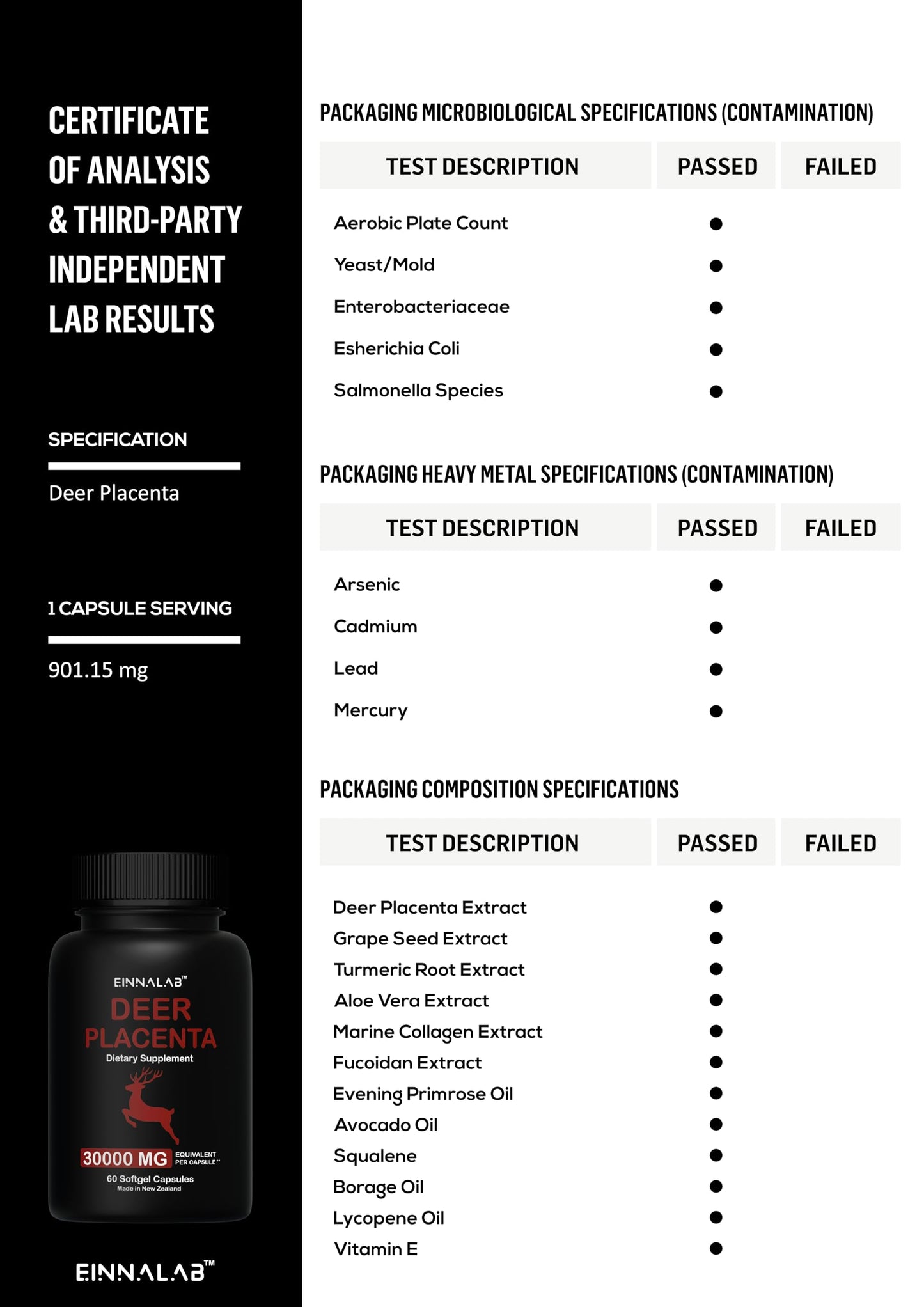 EINNALAB 30,000mg Deer Placenta Supplement, 60 Capsules