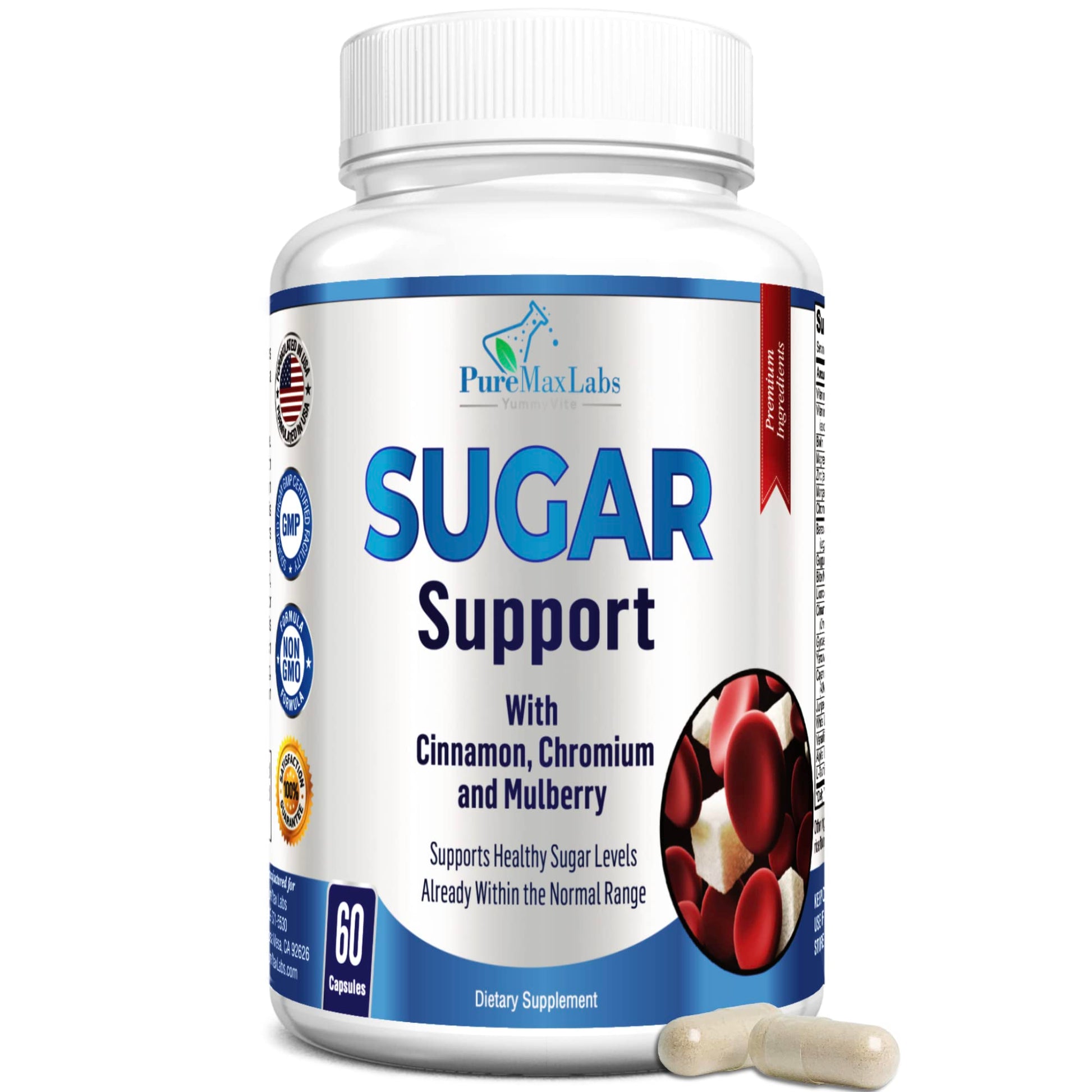 YUMMYVITE Sugar Support Supplement with Cinnamon, Chromium, Mulberry, Alpha Lipoic Acid, 20 Herbs & Vitamins - Non-GMO, 60 Capsules