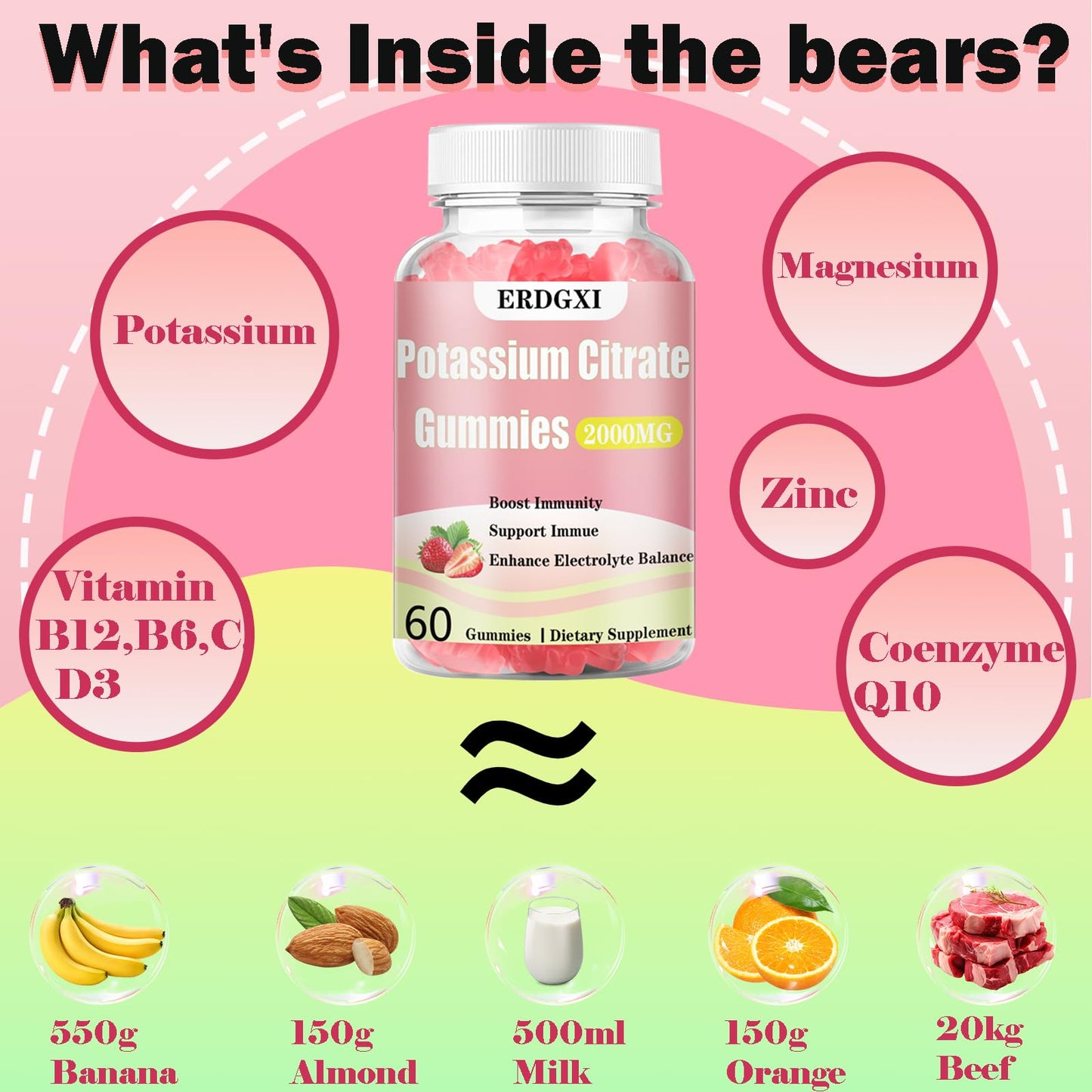 ERDGXI Potassium Citrate Gummies 2000mg, 60 Count