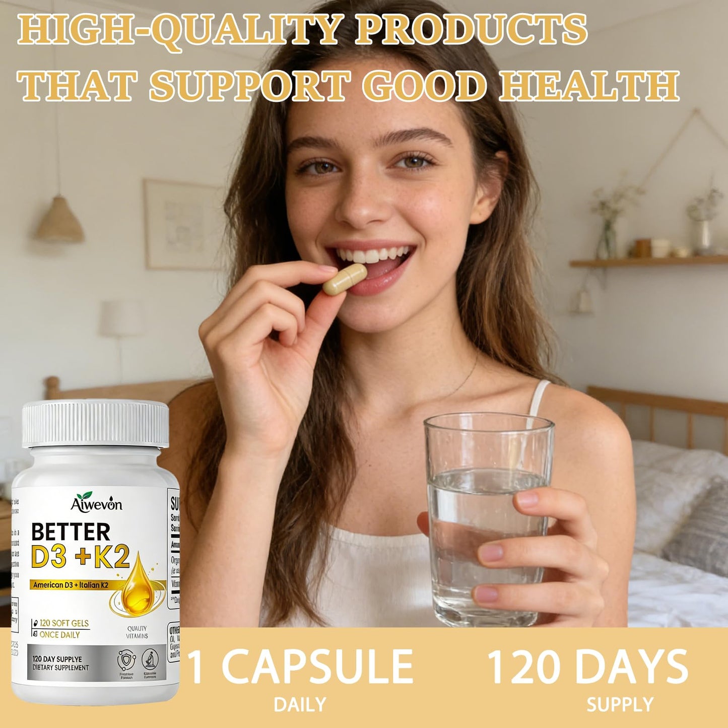 Aiwevon Vitamin D3 with K2 MK7 Capsule, 120 Capsules
