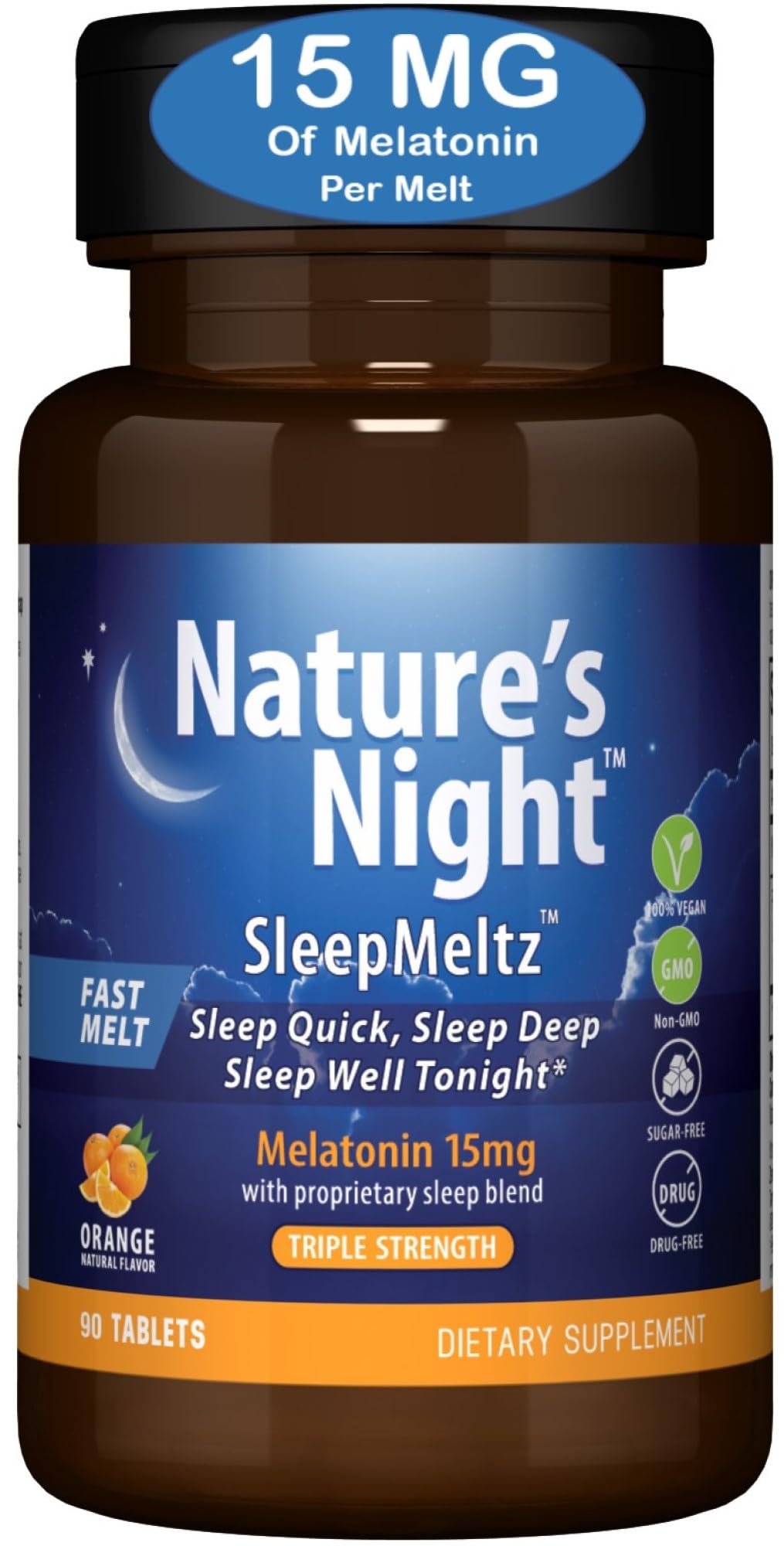 Nature's Night Triple Strength Quick Dissolve Melatonin 15mg with Supportive Blend Fast Dissolve Tablet, 90 Count