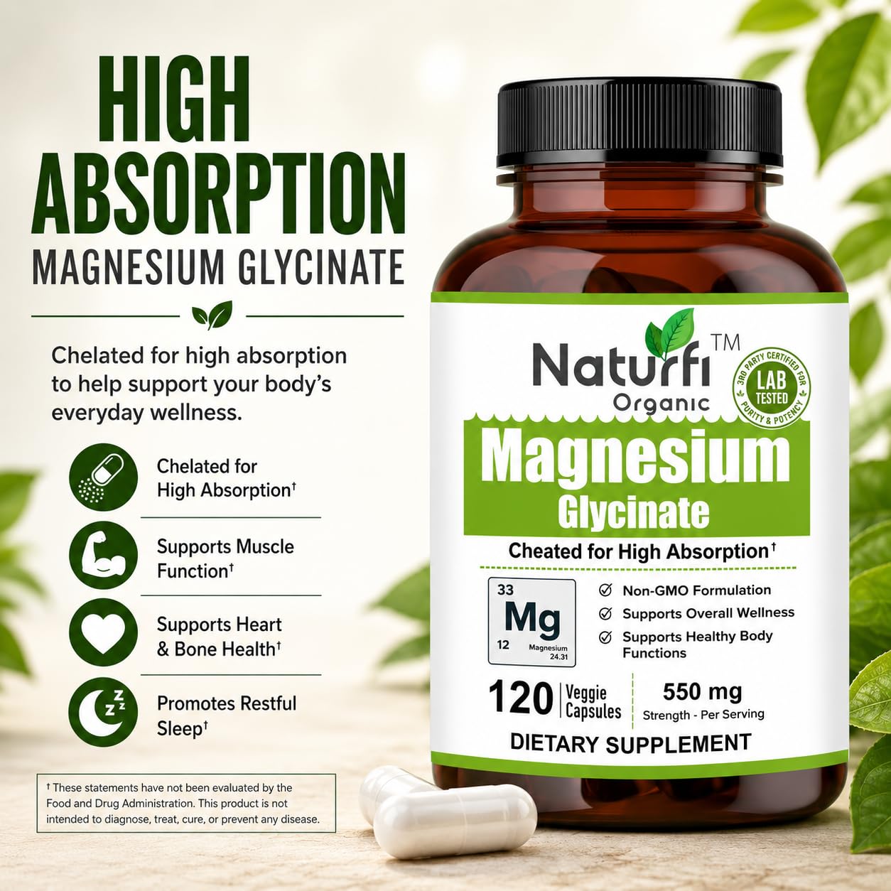 Naturfi Organic Magnesium Glycinate Capsules, 120 Count