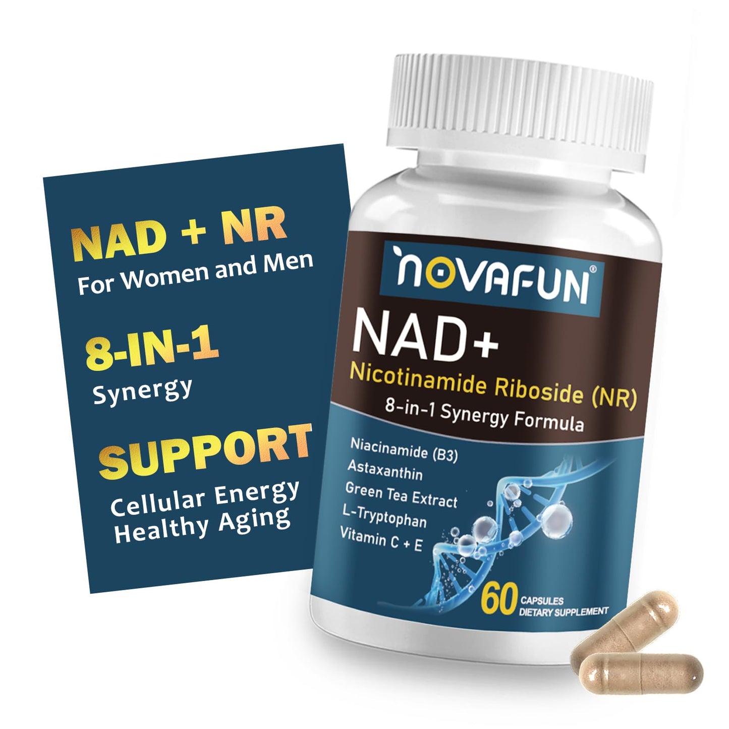 Novafun NAD+ Supplements 746mg 8-in-1 NAD Plus Supplement for Women & Men, with Nicotinamide Riboside, Niacinamide & Astaxanthin, Supports Cellular Energy & Healthy Aging, 60 Capsules