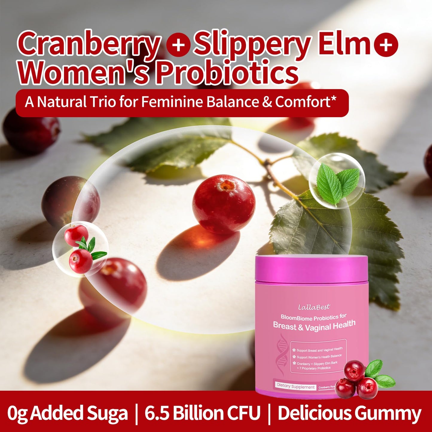 LallaBest Vagina & Breast Probiotic Gummies for Women with Slippery Elm & Cranberry Extract, Supports Women’s Wellness & pH Balance, Clean, 60 Gummies
